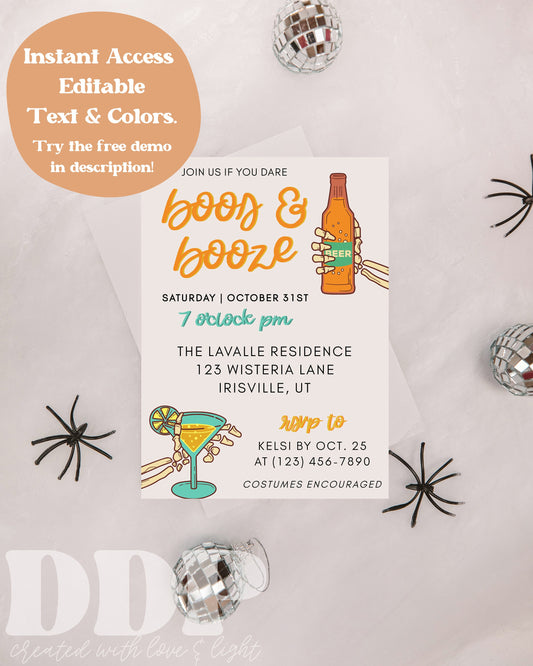 Boos & Booze Retro Halloween Party Invitation | Skeleton Halloween Party Invite | Adult Halloween Party | Halloween Invite Instant Download