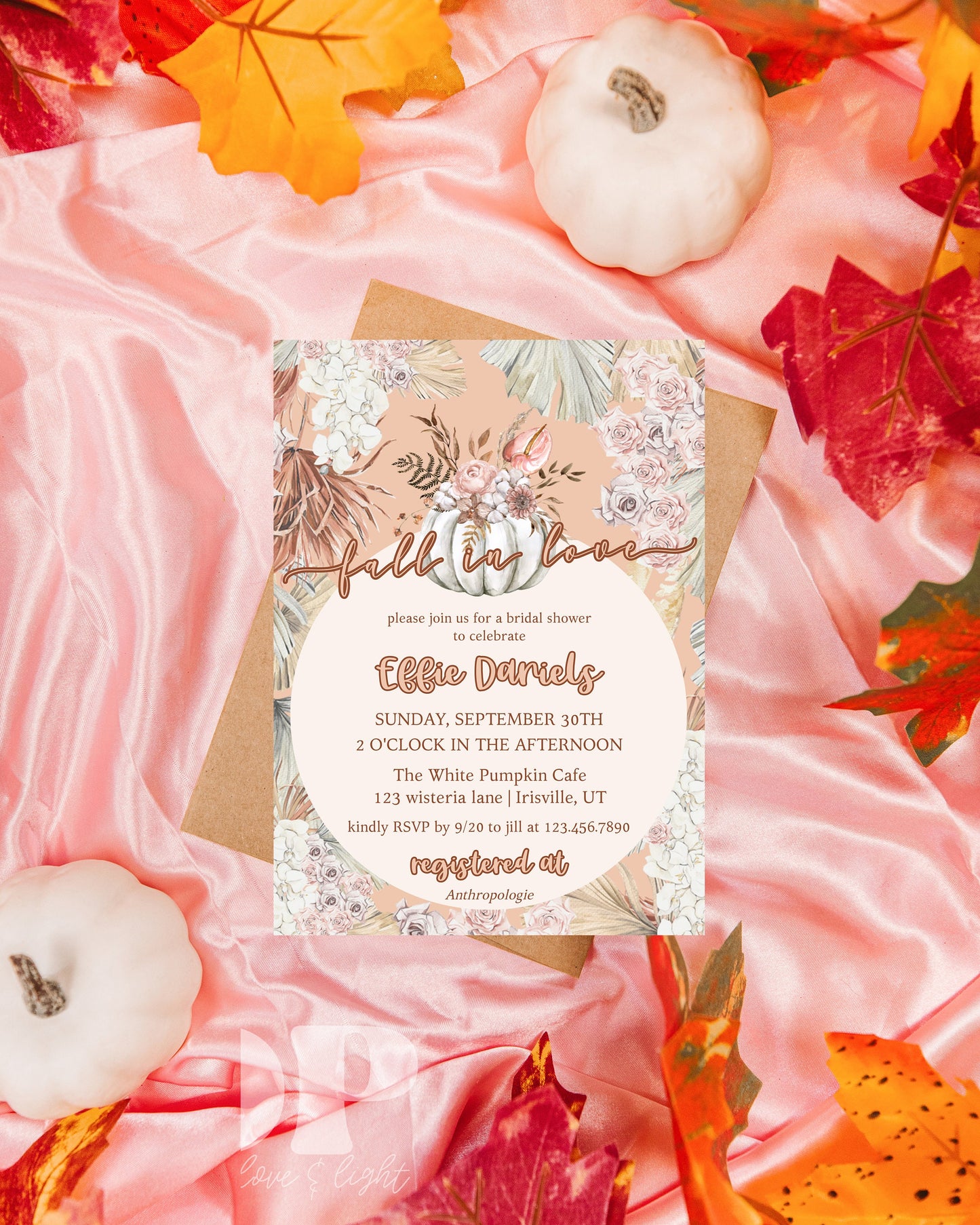 Fall in Love Bridal Shower Invite | Boho Autumn Wedding Shower Invite | Floral Pumpkin Bridal Shower Invitation | Fall Bridal Shower