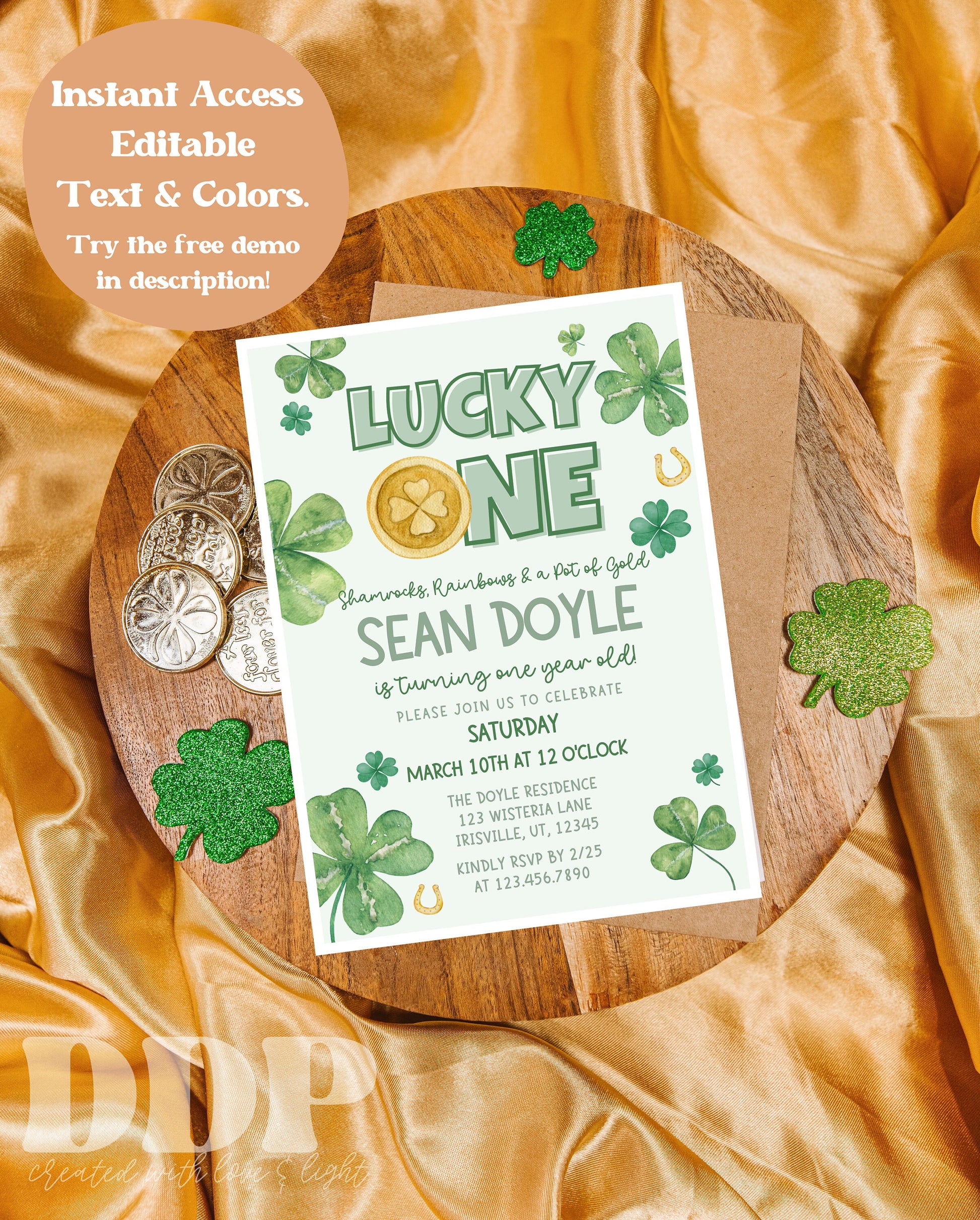 St. Patrick's Day Birthday Invitation | Shamrock Rainbow Gold Party Invite | Lucky ONE Kids Birthday Invite | Green Girl Boy First 1st