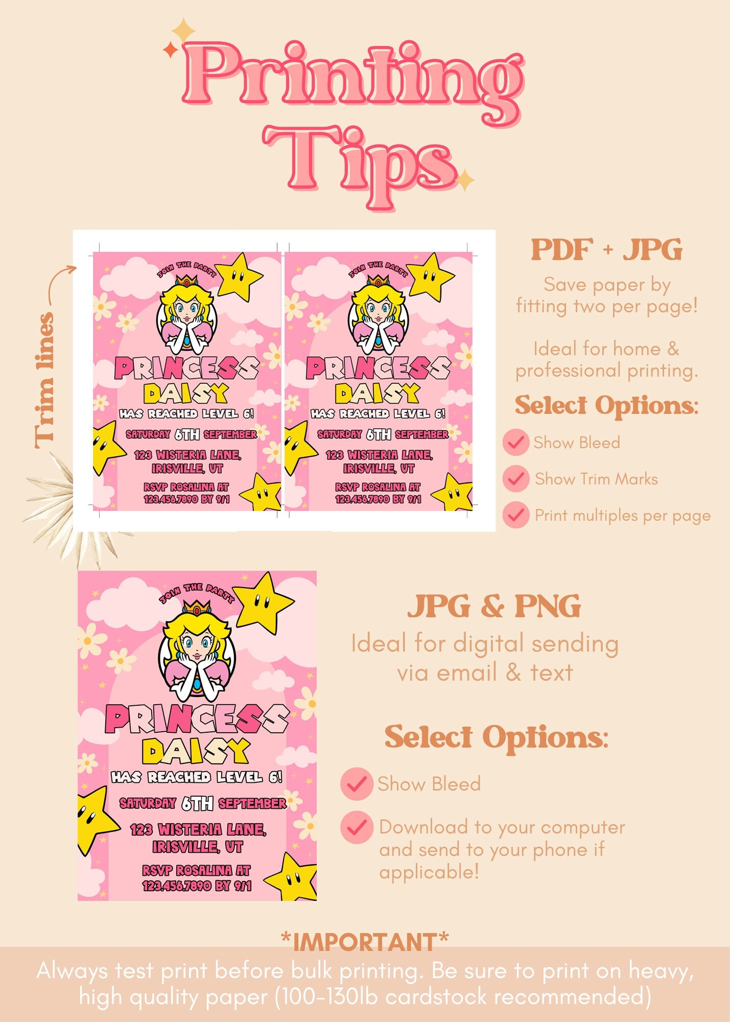 ANY AGE Princess Peach Themed Birthday Invite | Princess Birthday Invite | Peach Inspired Birthday Party Invite | Super Mario Invite | A08