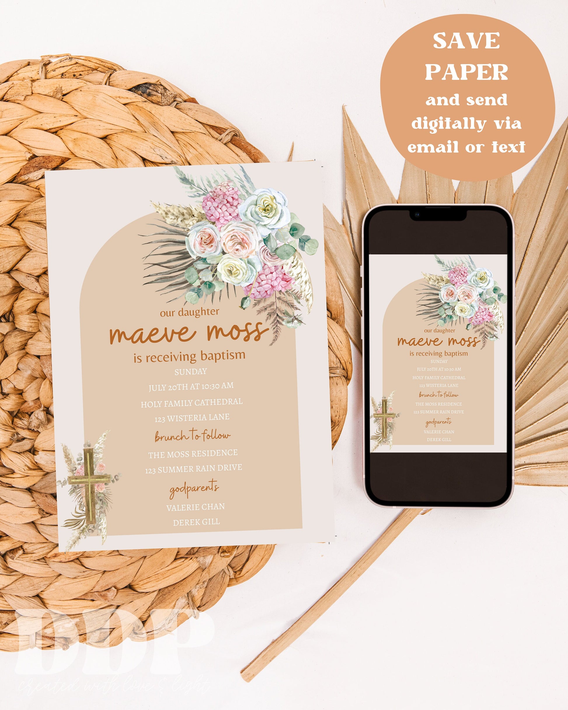 Boho Baptism Invitation | Pampas Grass Baptism Invite | Boho Girl Baptism Invite | Minimalist Baptism Invite | Printable