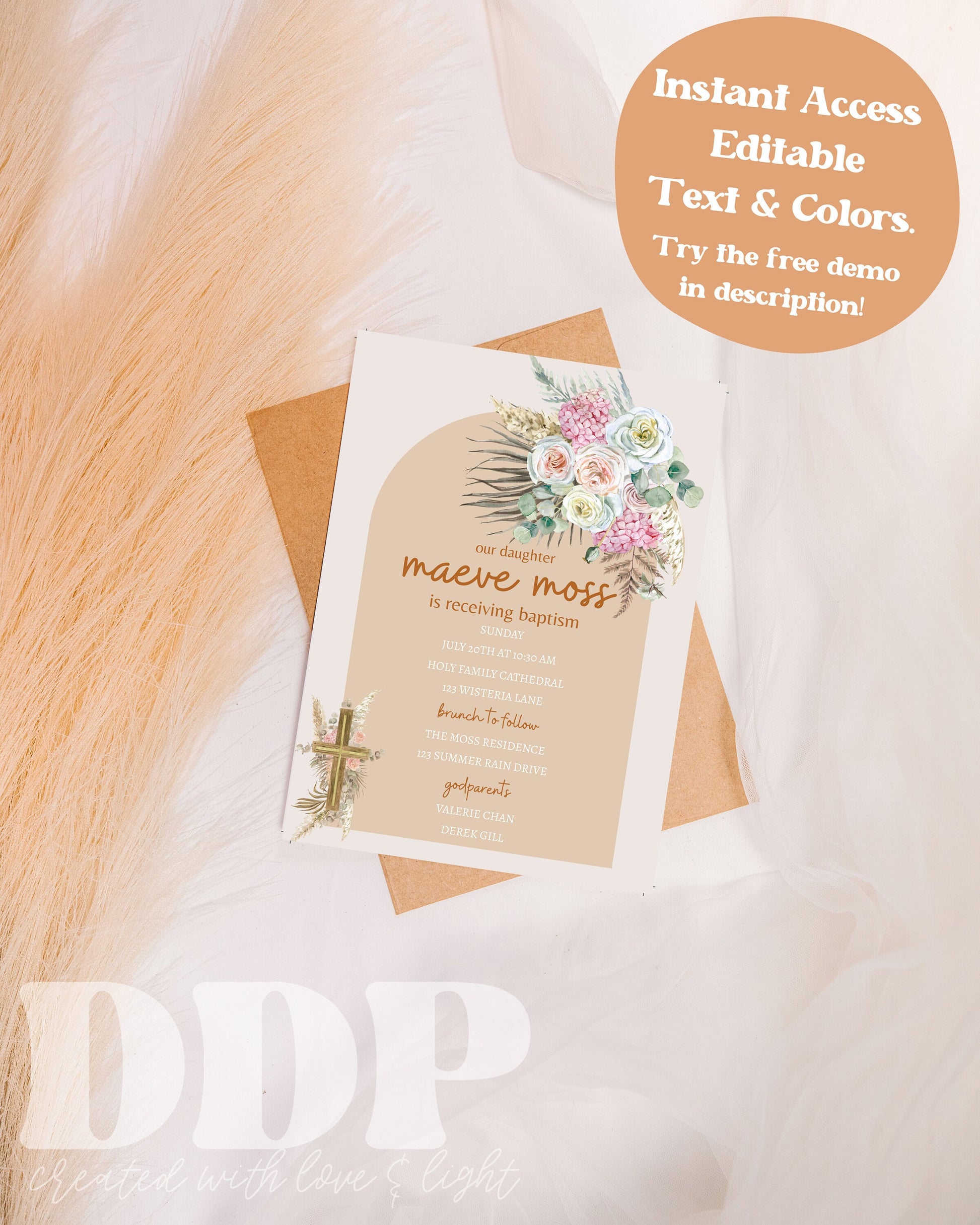 Boho Baptism Invitation | Pampas Grass Baptism Invite | Boho Girl Baptism Invite | Minimalist Baptism Invite | Printable