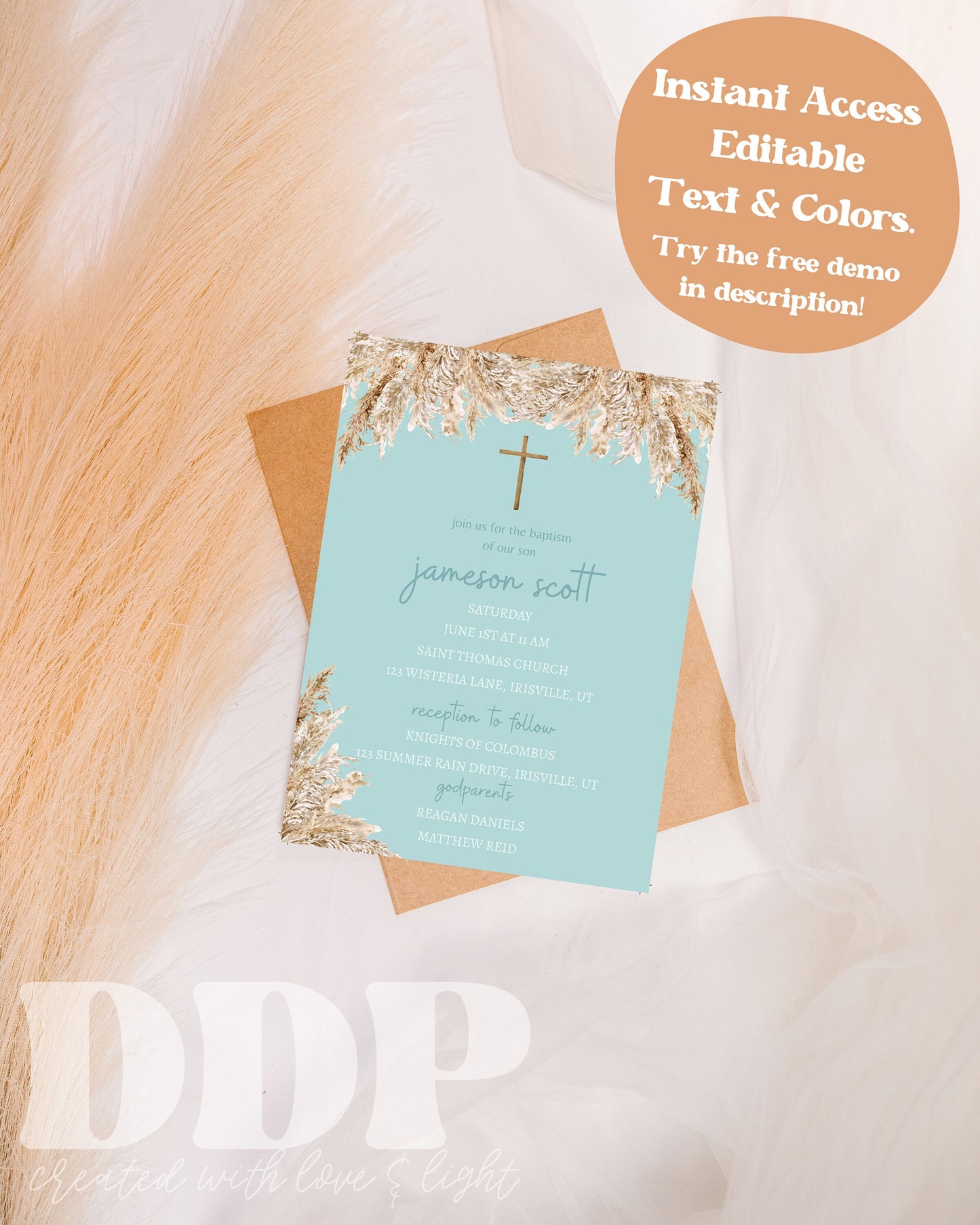 Boho Blue Baptism Invitation | Pampas Grass Baptism Invite | Boho Boy Baptism Invite | Minimalist Baptism Invite | Printable