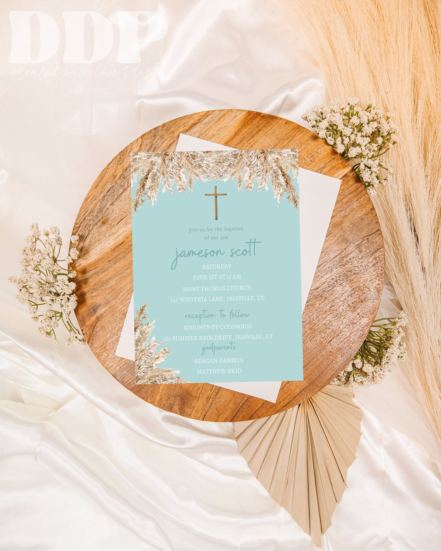 Boho Blue Baptism Invitation | Pampas Grass Baptism Invite | Boho Boy Baptism Invite | Minimalist Baptism Invite | Printable