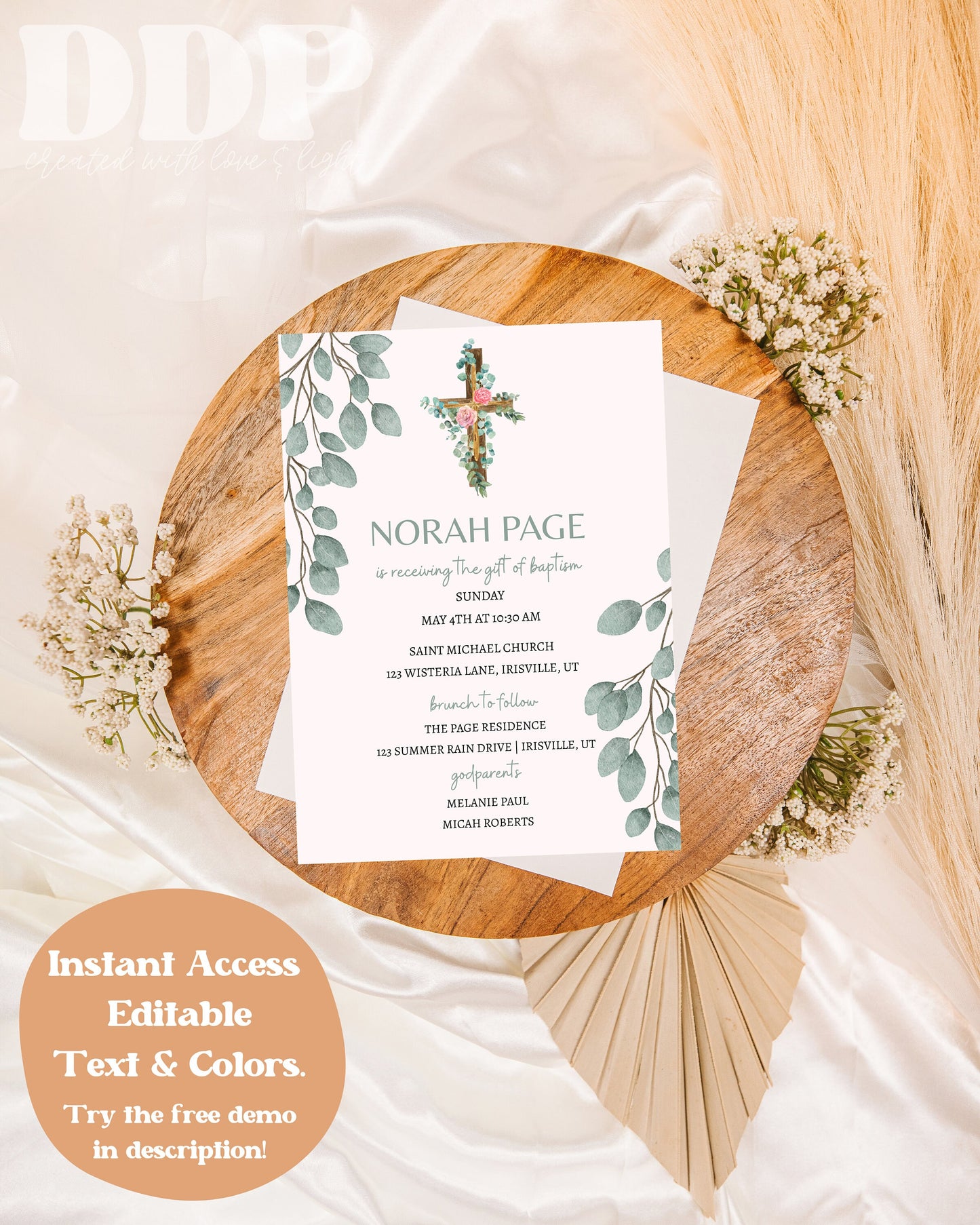 Minimalist Greenery Baptism Invitation | Eucalyptus Baptism Invite | Boho Christian Dedication Invite | Christening Invite