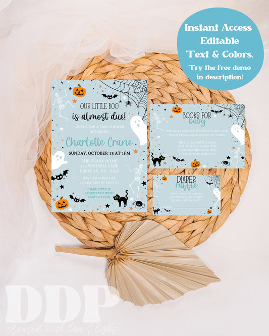 Our Little Boo is Almost Due Boy Baby Shower Invitation Suite | Halloween Ghost Baby Shower Invite | Spooky Baby Shower | Printable Invite