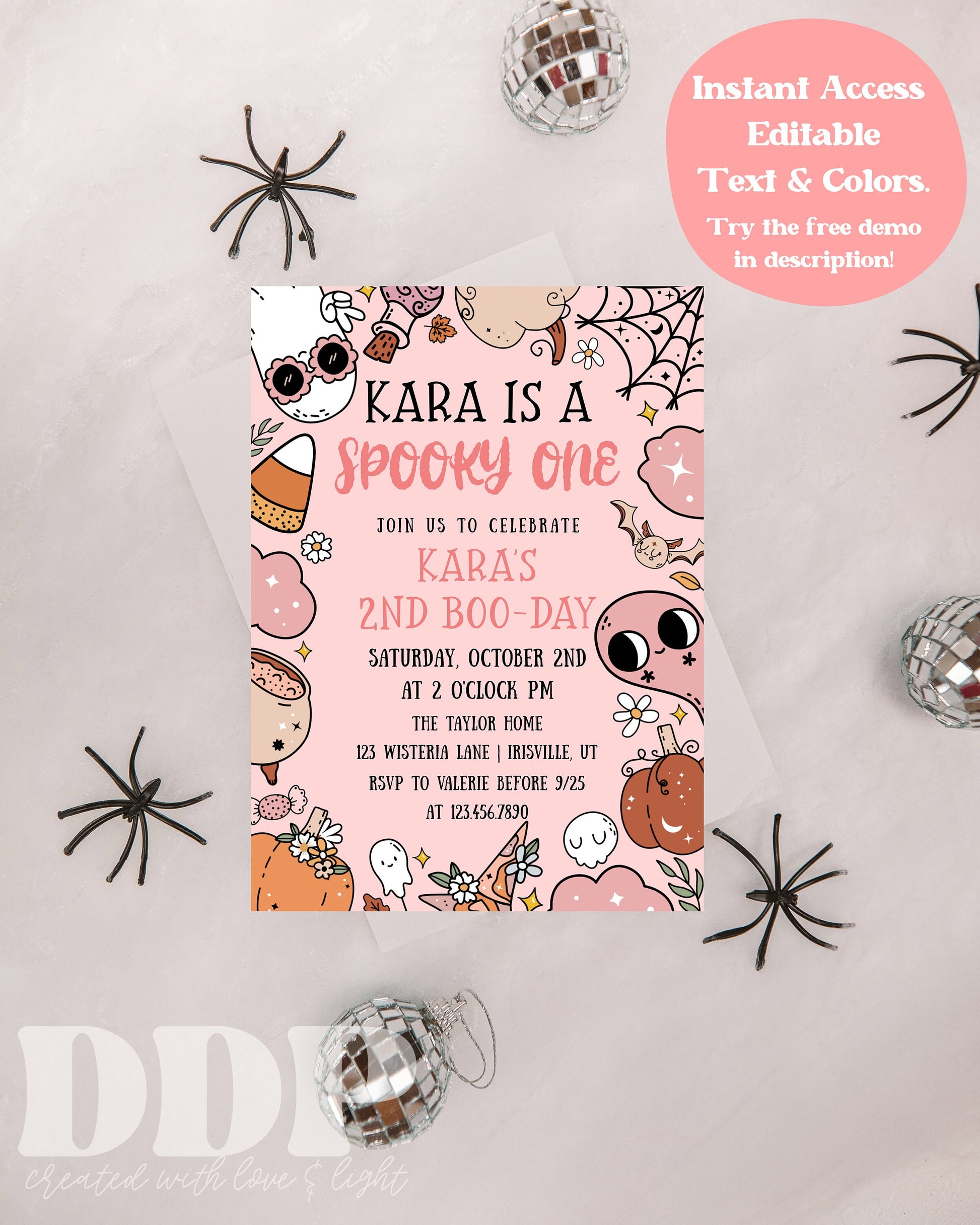 ANY AGE Spooky Birthday Invite | Pink Halloween Party Invitation Template | Halloween Birthday Party | Retro Halloween Characters Spooky
