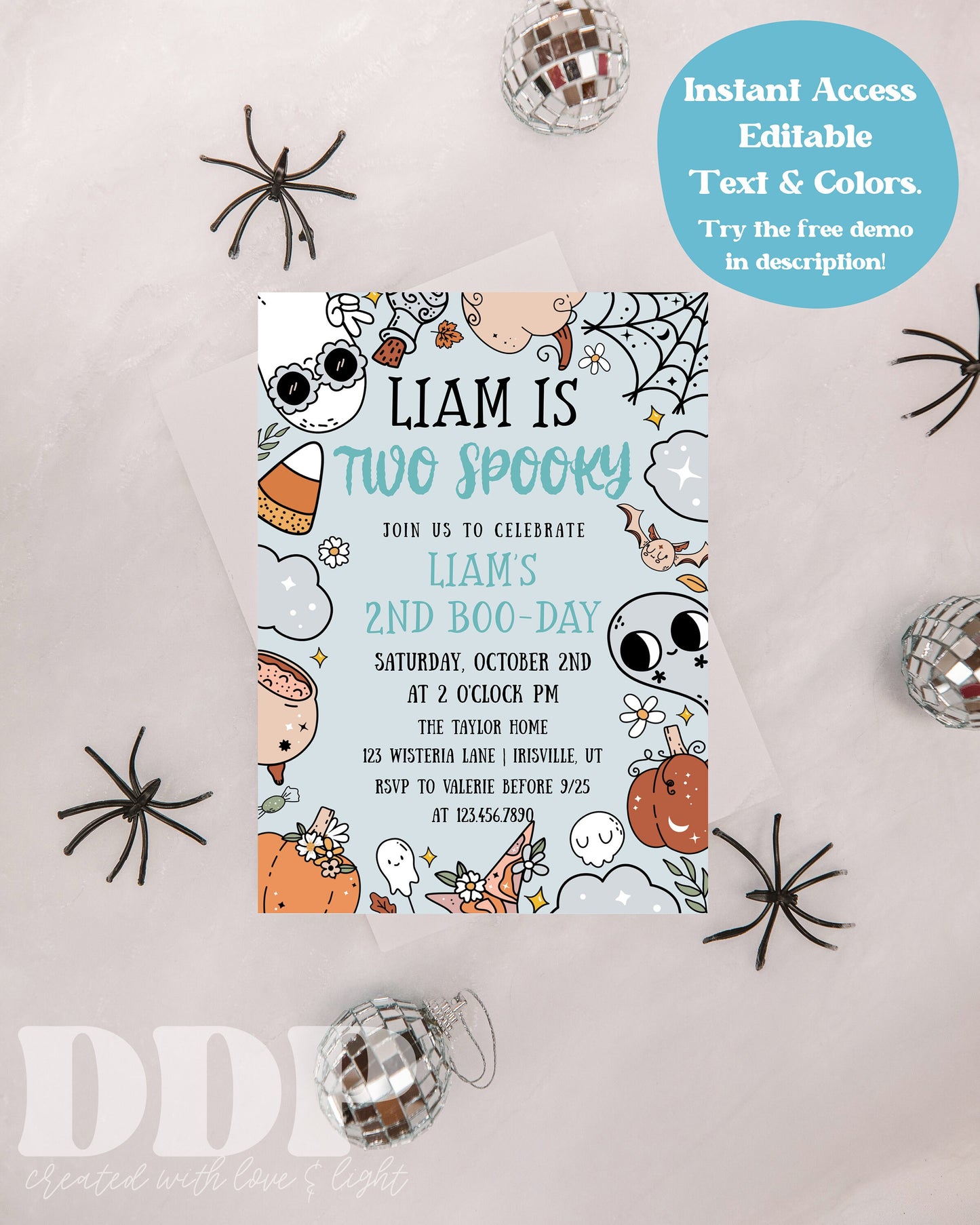 ANY AGE Spooky Birthday Invite | Blue Halloween Party Invitation Template | Halloween Birthday Party | Retro Halloween Characters Spooky