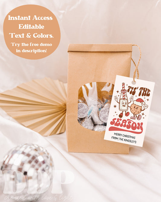 TIS THE SEASON Christmas Gift Tag | Milk & Cookies Christmas Gift Label | Christmas Present Gift Tag