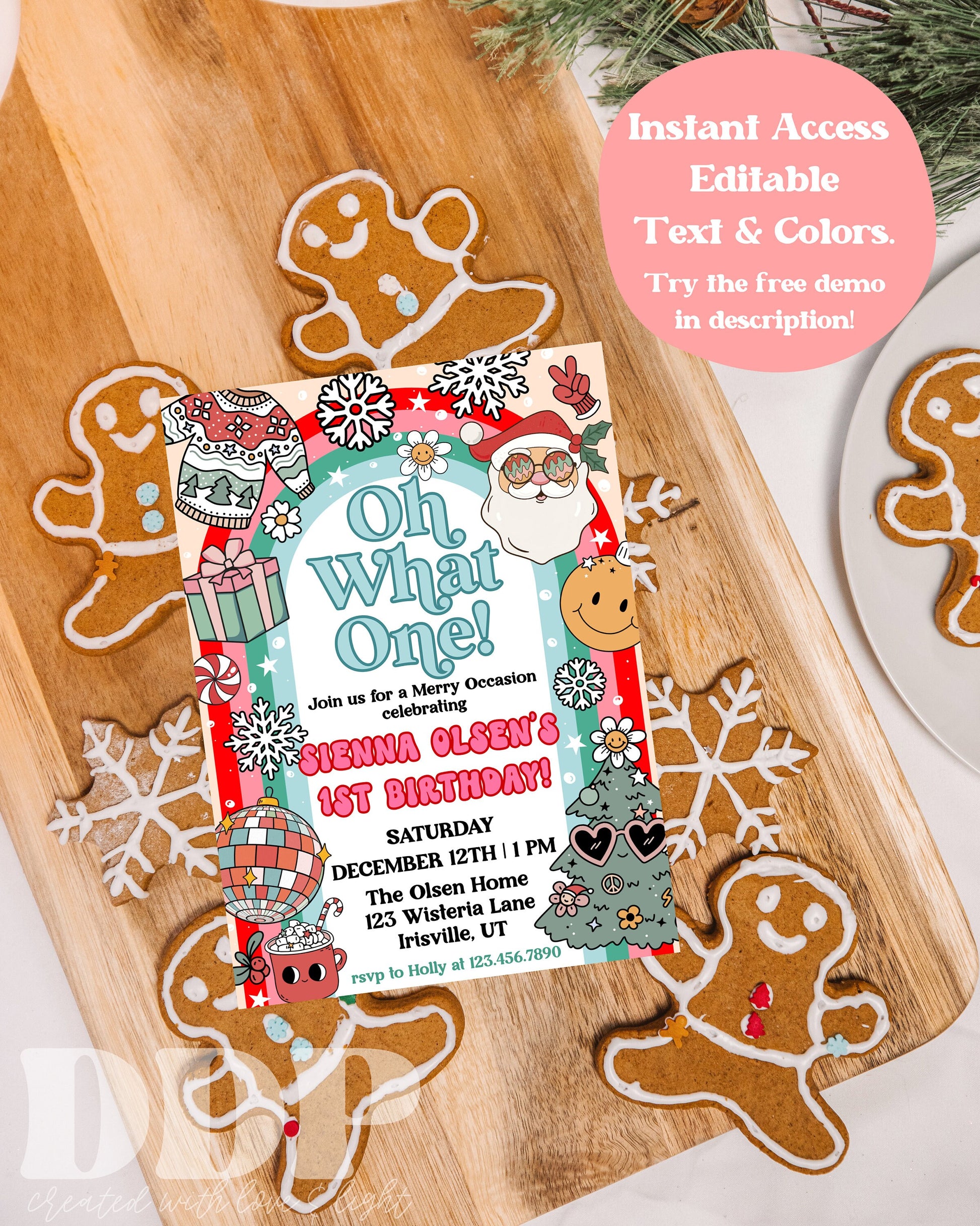 ANY AGE Oh What Fun Christmas Birthday Invitation | Retro Christmas Party Invite | Groovy Winter Holiday Birthday Party Invite Template