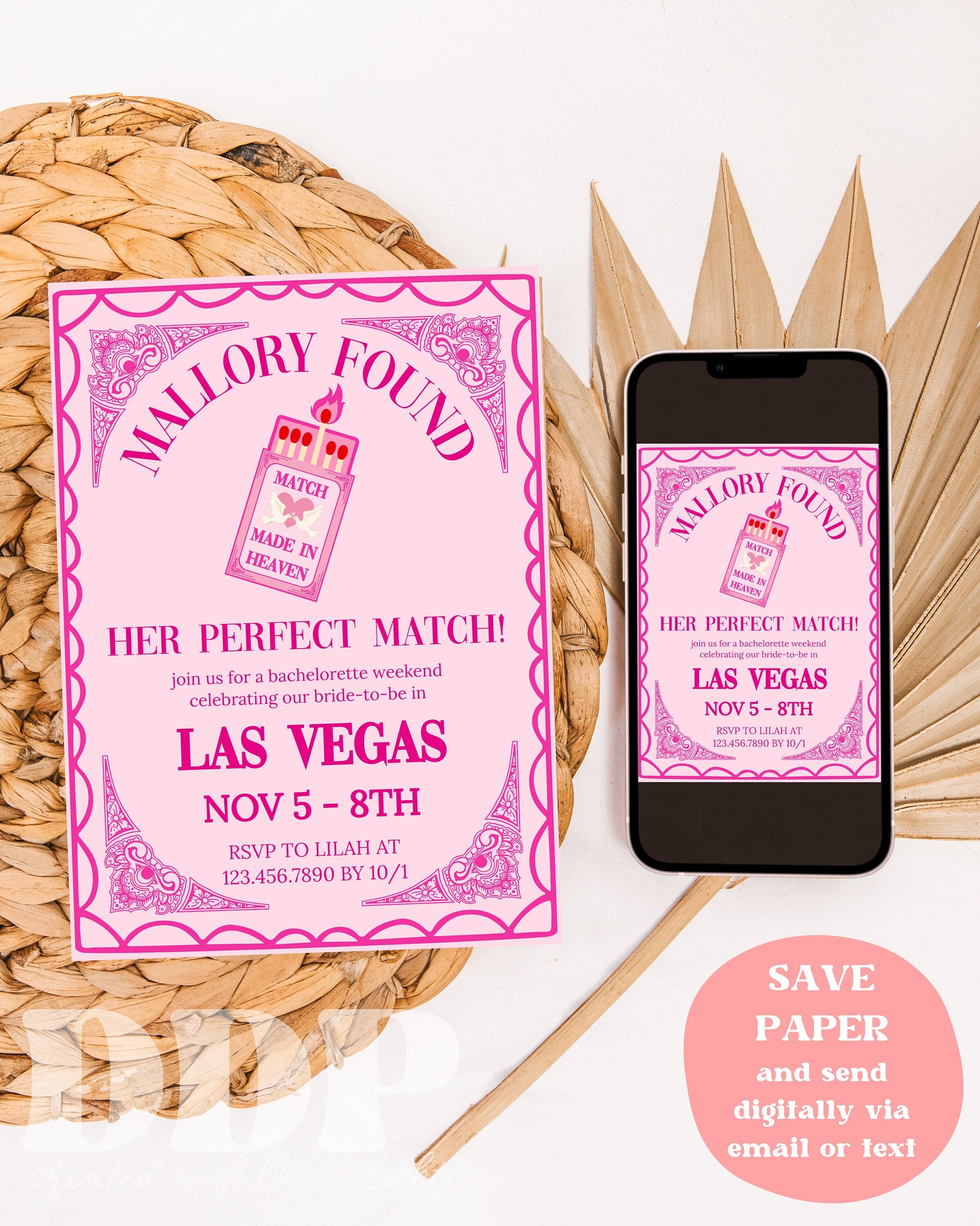 Perfect Match Bachelorette Invitation Itinerary | Match Made in Heaven Bach | Aesthetic Vegas Bachelorette Girls Trip | Editable Hen Party