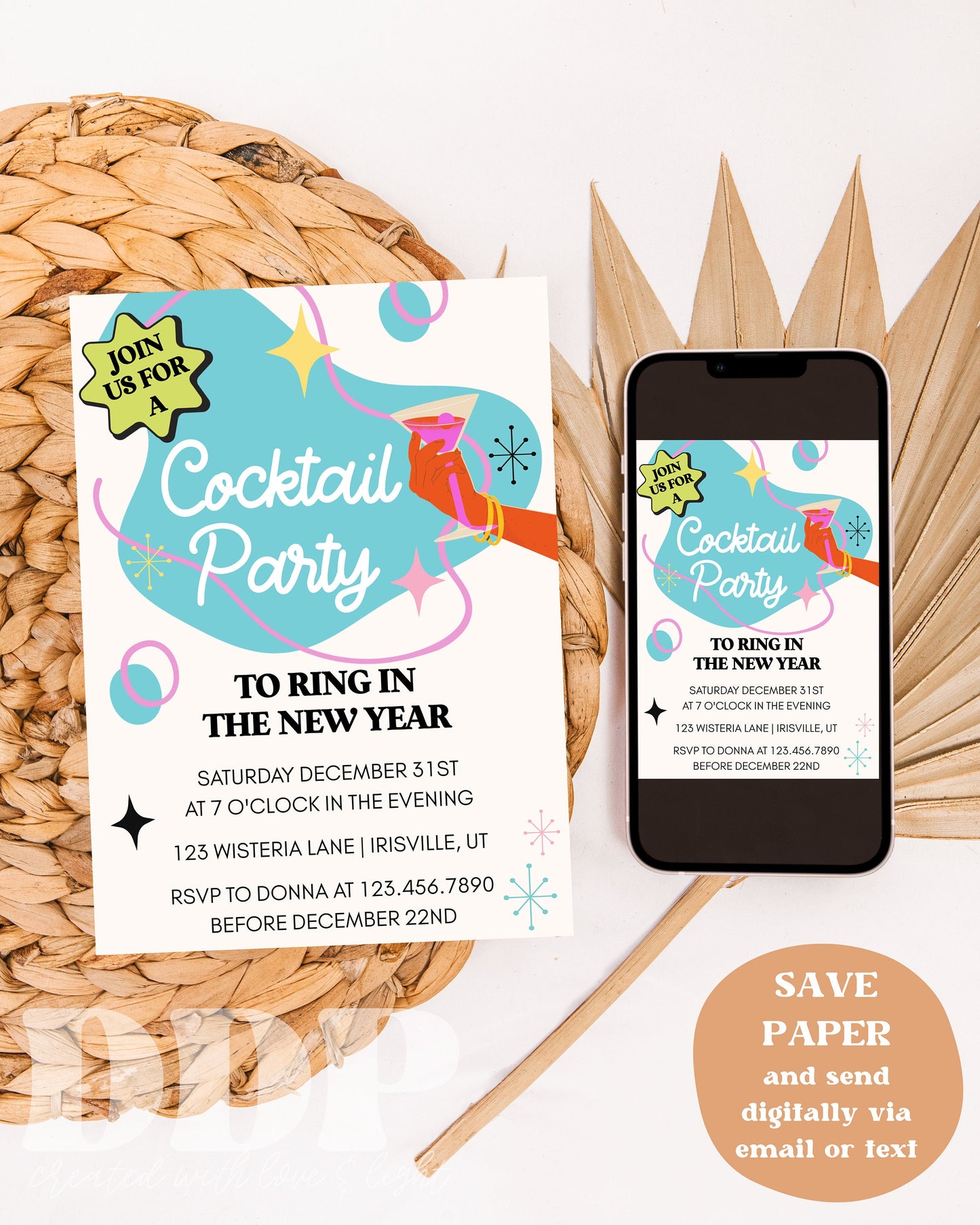 Retro New Year's Eve Cocktail Party Invitation Template | New Year's Eve 2024 Vintage Adult Party Invite | Editable Holiday Party Invitation