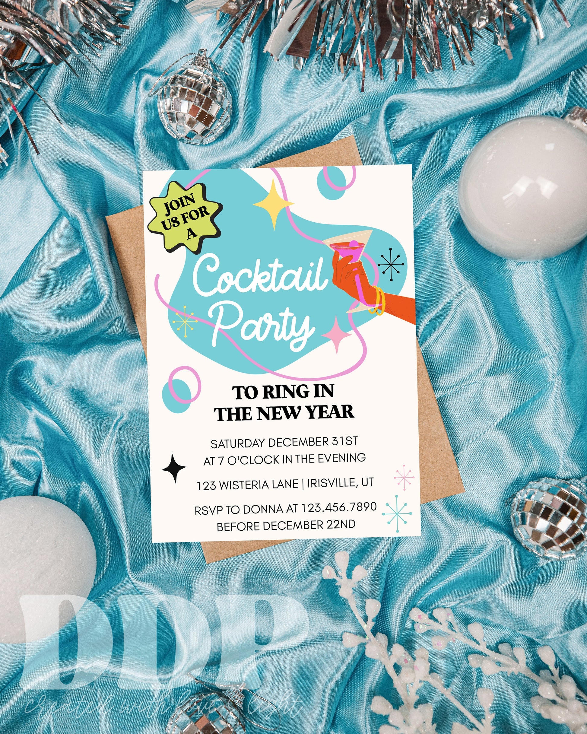 Retro New Year's Eve Cocktail Party Invitation Template | New Year's Eve 2024 Vintage Adult Party Invite | Editable Holiday Party Invitation