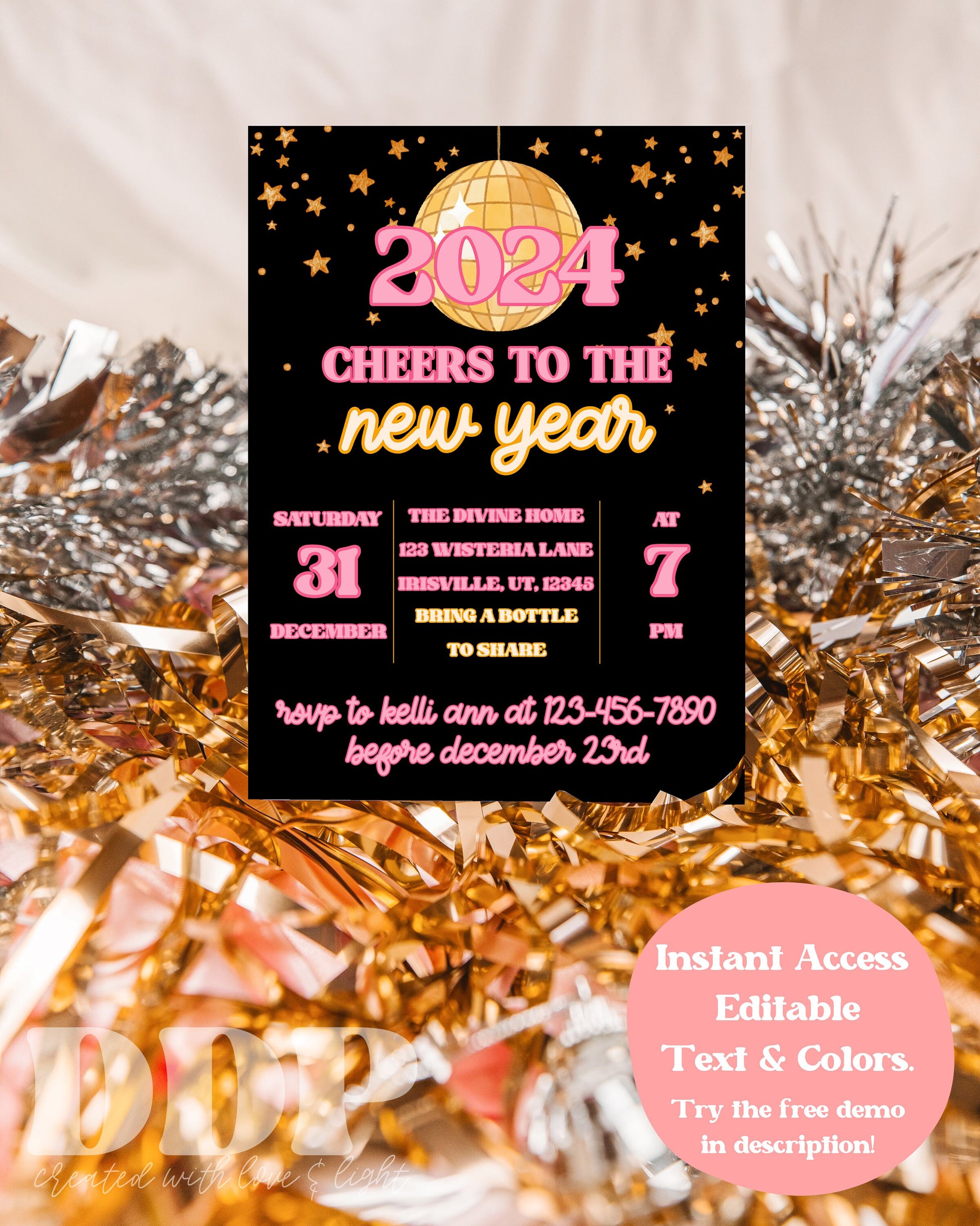 New Years Eve party invite | NYE 2024 Invite | New Years Party | Disco Ball Party | New Years Editable Template Invite