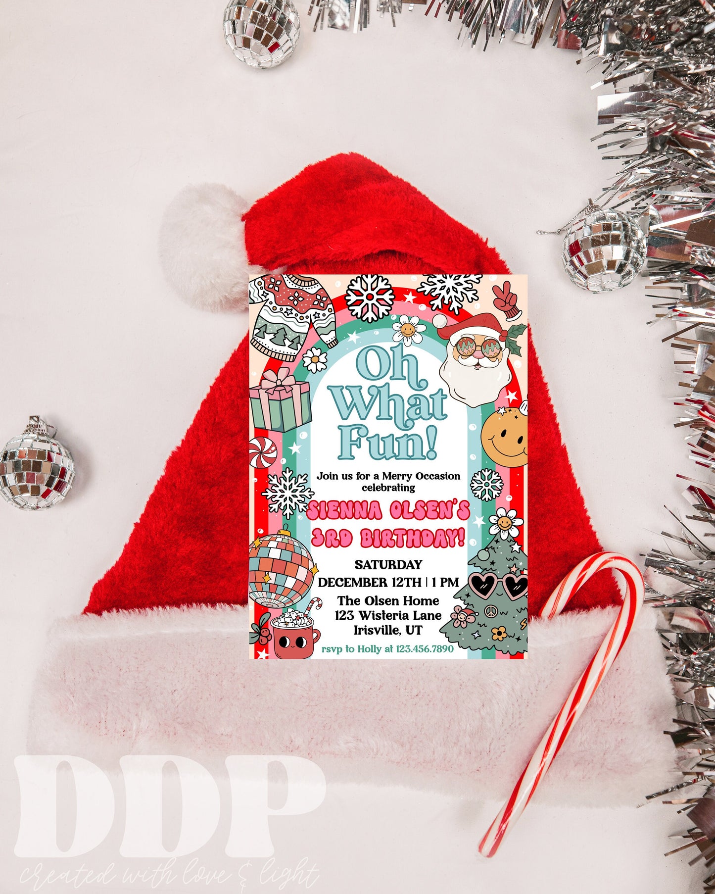 ANY AGE Oh What Fun Christmas Birthday Invitation | Retro Christmas Party Invite | Groovy Winter Holiday Birthday Party Invite Template