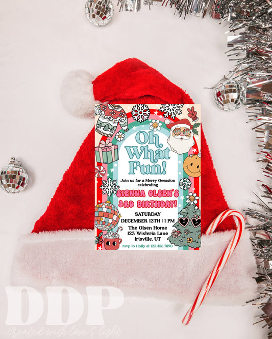 ANY AGE Oh What Fun Christmas Birthday Invitation | Retro Christmas Party Invite | Groovy Winter Holiday Birthday Party Invite Template