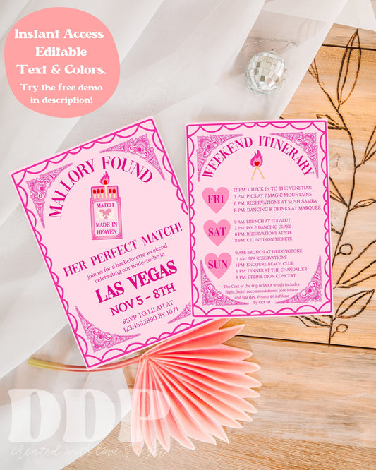 Perfect Match Bachelorette Invitation Itinerary | Match Made in Heaven Bach | Aesthetic Vegas Bachelorette Girls Trip | Editable Hen Party