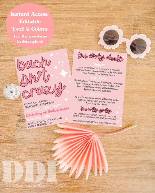 Bach Sh*t Crazy Bachelorette Weekend Invitation | Retro Bachelorette Party Invite | Funny Bachelorette Girls Trip Itinerary Invite