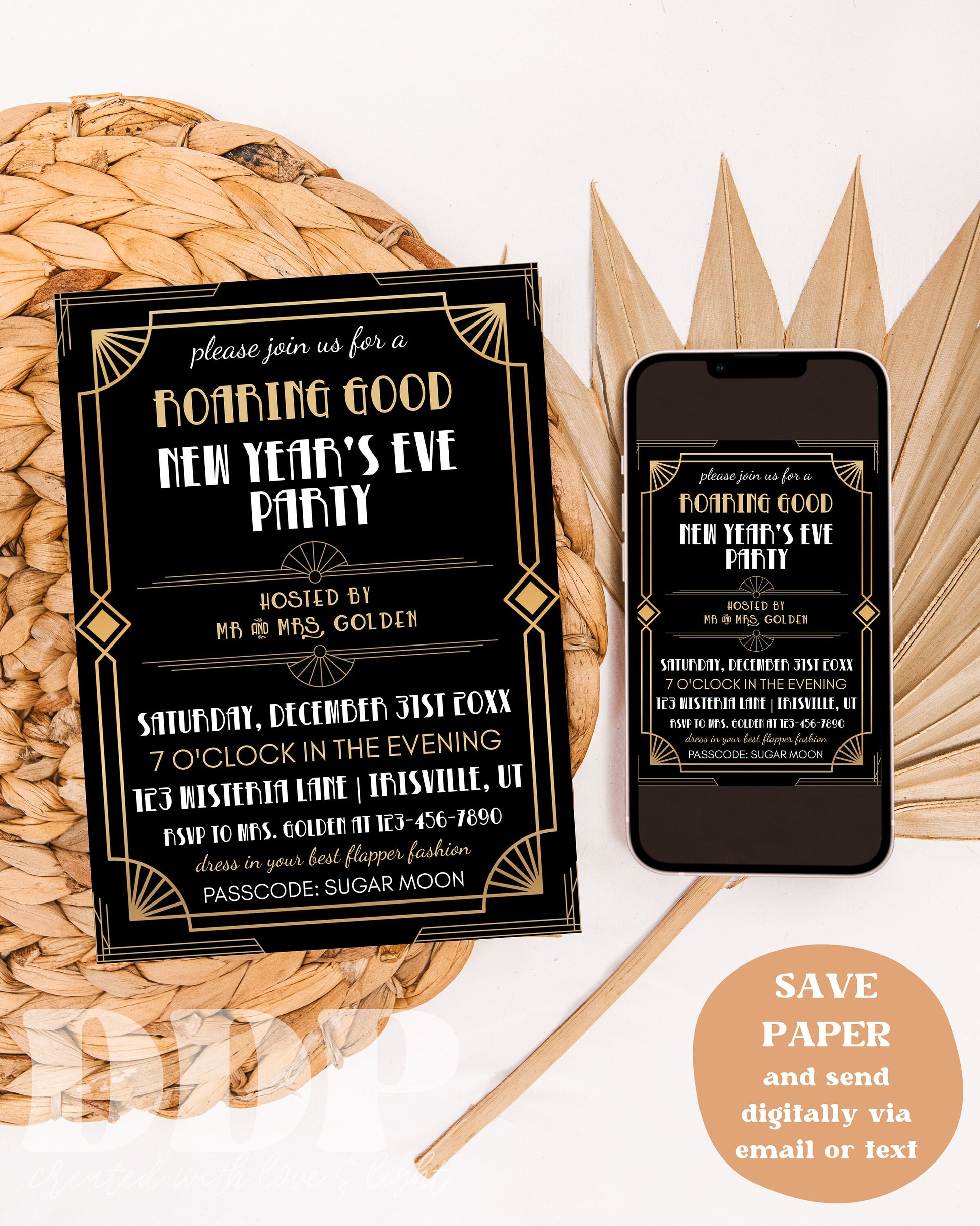 Retro New Year's Eve 2024 Invitation | Party Black Gold Roaring Twenties 1920s Invites | Printable Editable Holiday Party Invitation