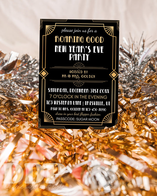 Retro New Year's Eve 2024 Invitation | Party Black Gold Roaring Twenties 1920s Invites | Printable Editable Holiday Party Invitation