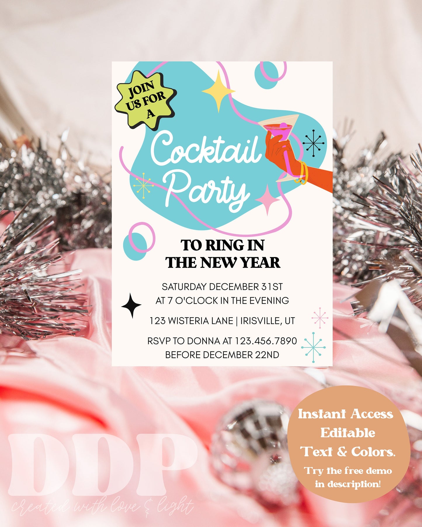 Retro New Year's Eve Cocktail Party Invitation Template | New Year's Eve 2024 Vintage Adult Party Invite | Editable Holiday Party Invitation