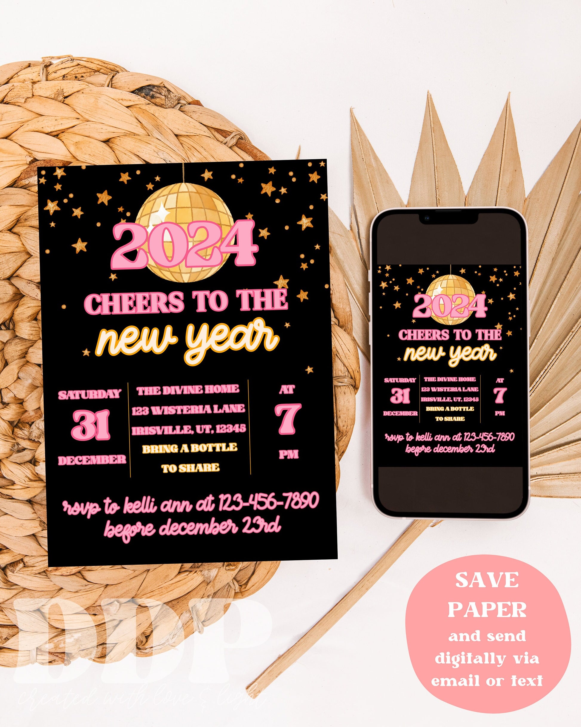 New Years Eve party invite | NYE 2024 Invite | New Years Party | Disco Ball Party | New Years Editable Template Invite