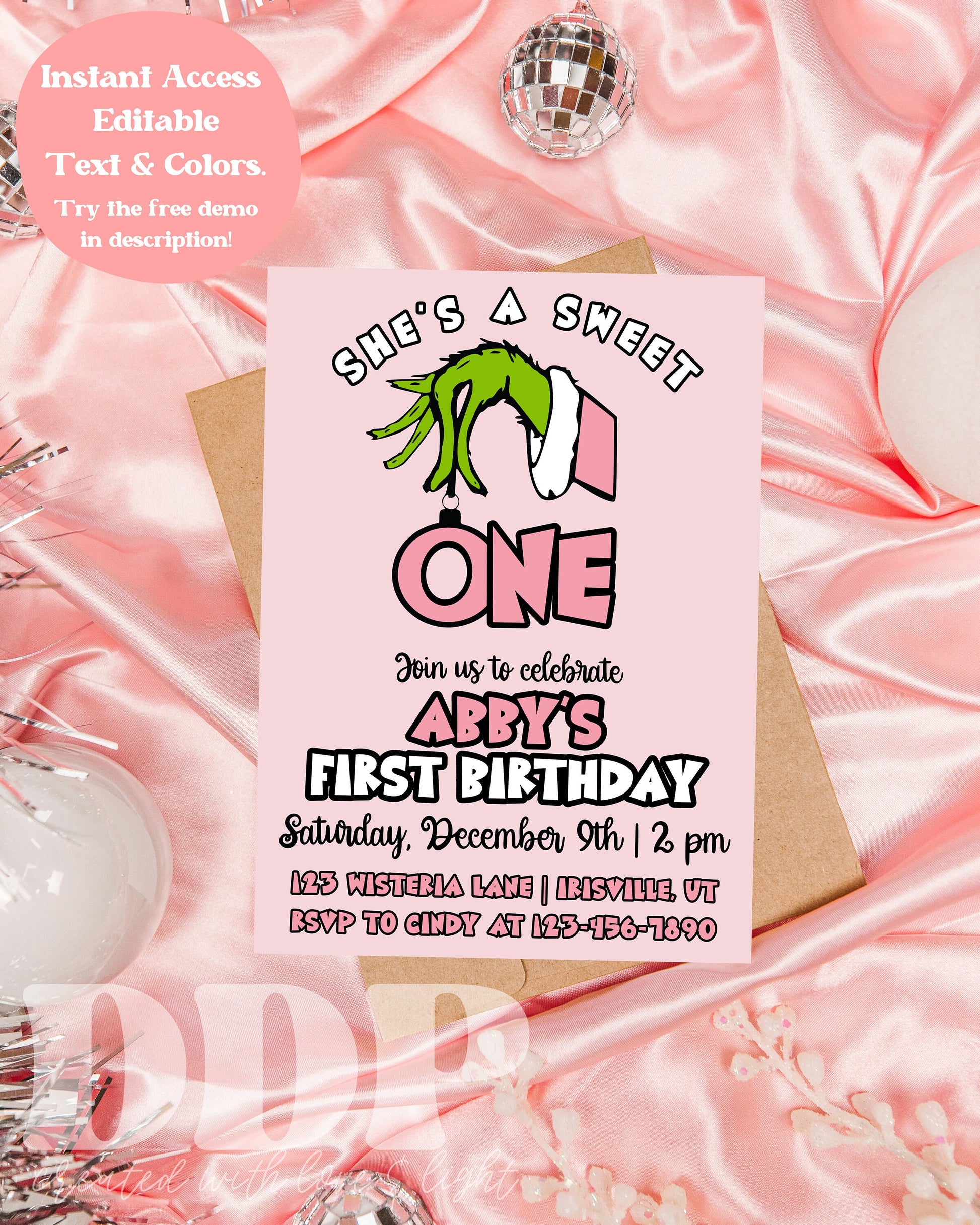 Pink Grinch Birthday Invitation | Girl Grinch First Birthday Invite | She's a Sweet ONE | Mean One | Pink Christmas Birthday