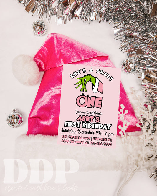 Pink Grinch Birthday Invitation | Girl Grinch First Birthday Invite | She's a Sweet ONE | Mean One | Pink Christmas Birthday