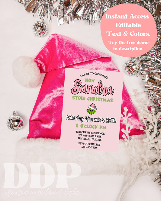 ANY AGE Grinch Stole Christmas Birthday Invitation | Girl Grinch First Birthday Invite | She's a Mean One | Whoville Pink Christmas Birthday