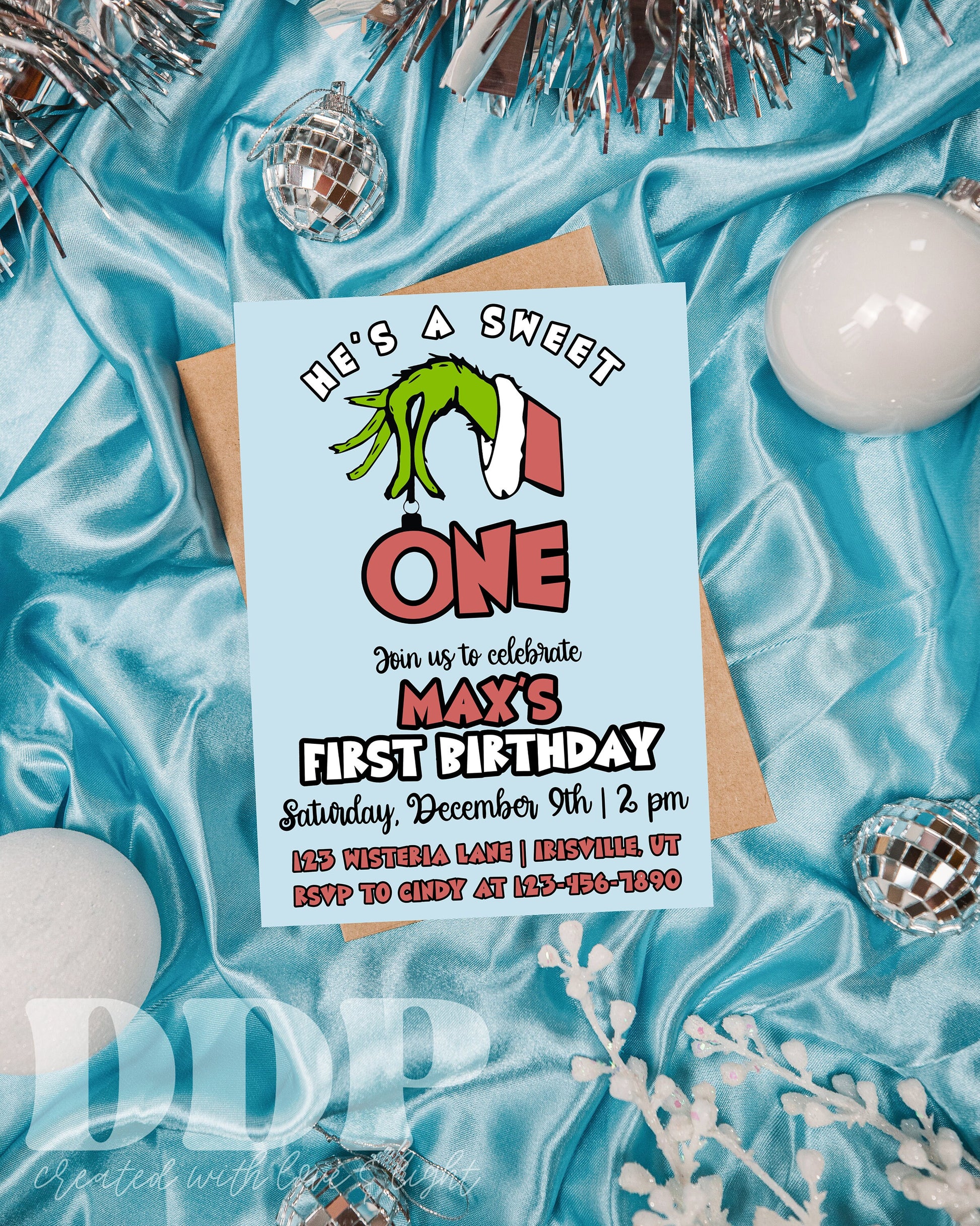 Blue Grinch Birthday Invitation | Boy Girl Grinch First Birthday Invite | He's a Sweet ONE | Mean One | Blue Christmas Birthday