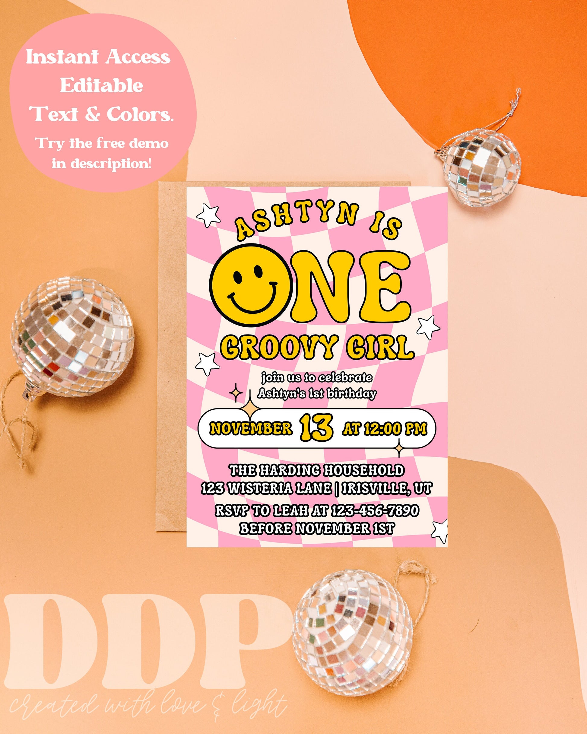 ANY AGE Happy Face Birthday Invitation | Pink Checkered Smile Face Birthday Invite | Smile Face Emoji Invite | Printable Invite Template