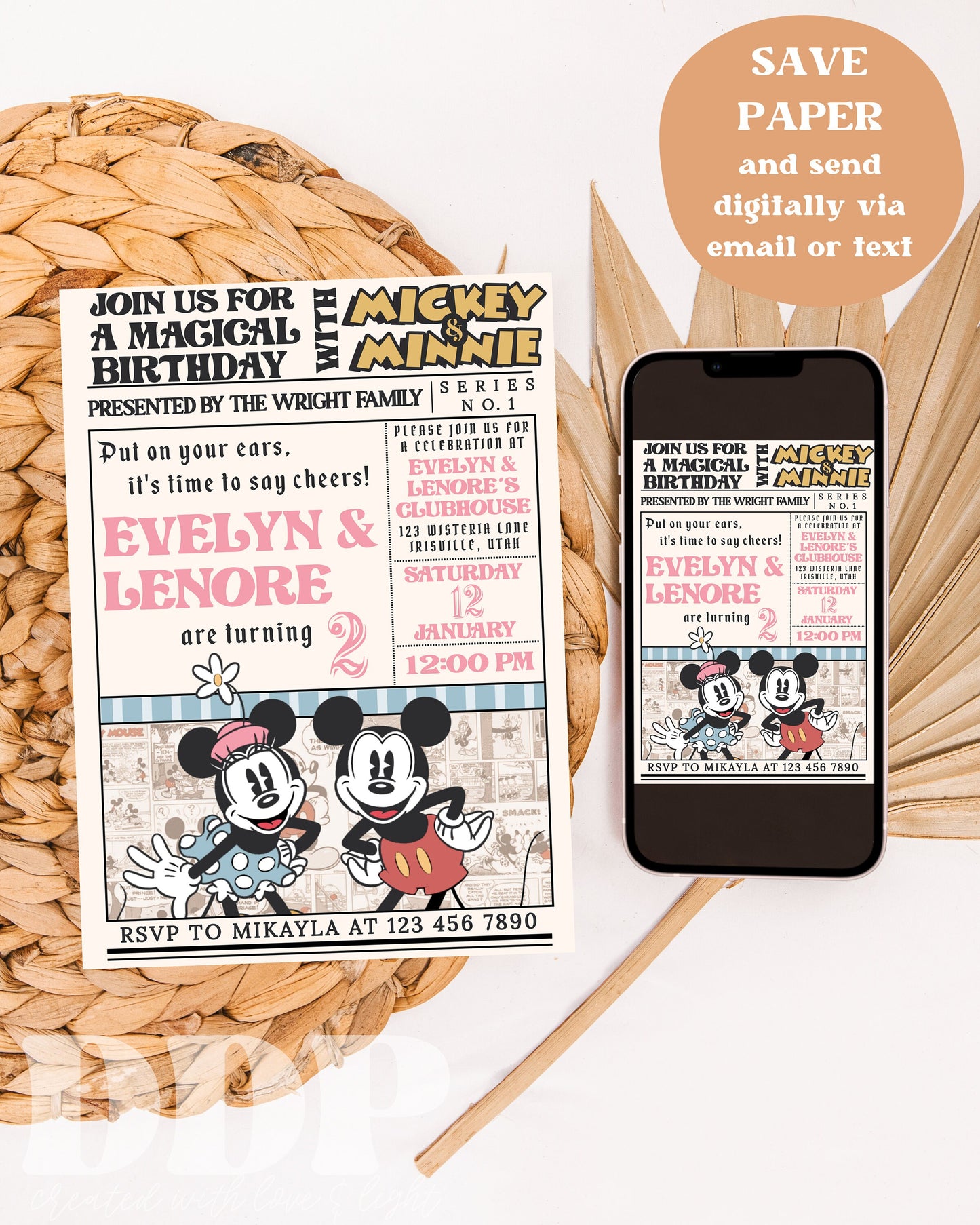 ANY AGE Pastel Mickey & Minnie Twins Birthday Invitation | Classic Disneyland Birthday Invite | Twins Birthday | Vintage Comic Mickey A04