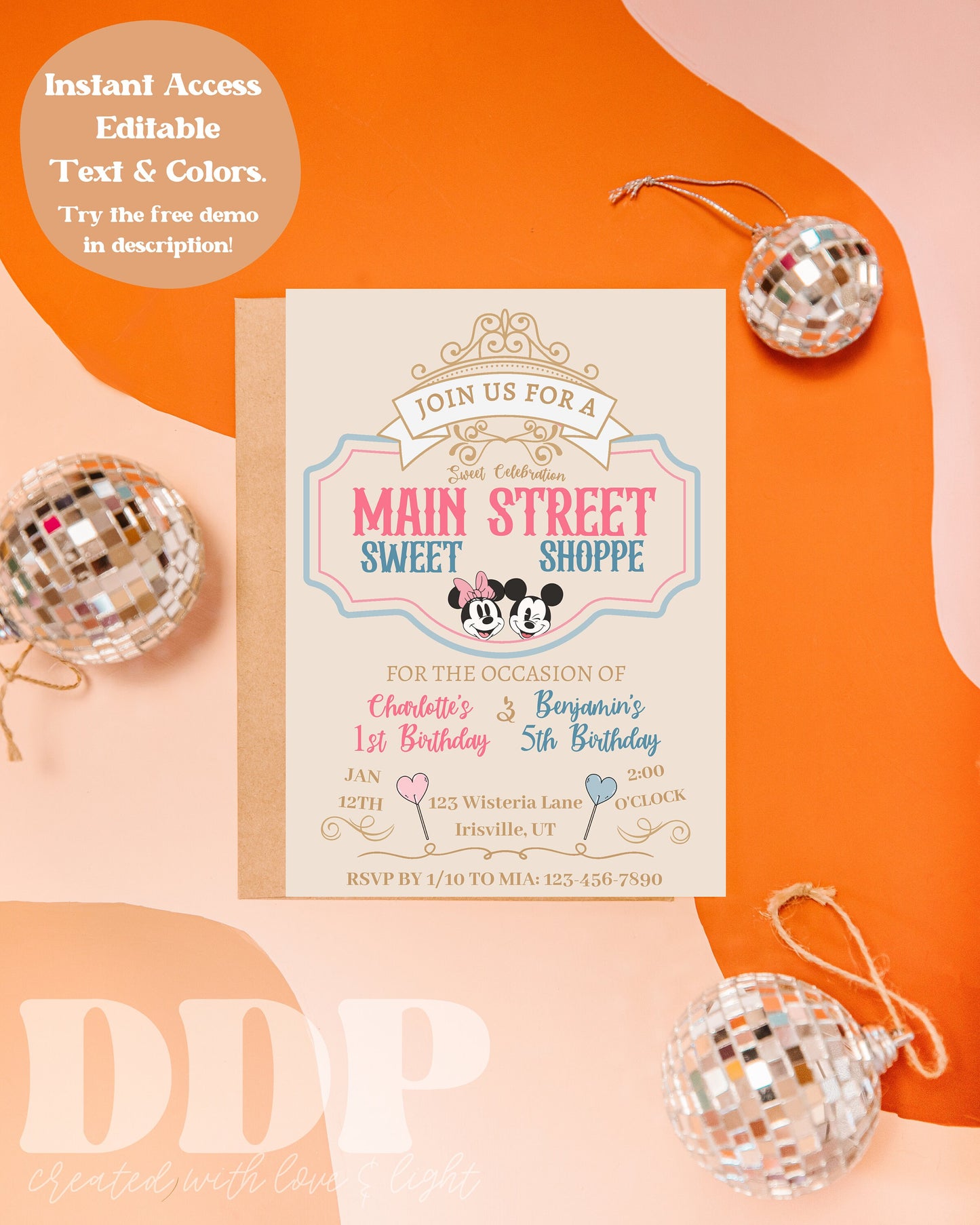 ANY AGE Mickey Minnie Siblings Birthday Invitation | Classic Disneyland Birthday Invitation | Sweet Shop Candy Birthday Invite