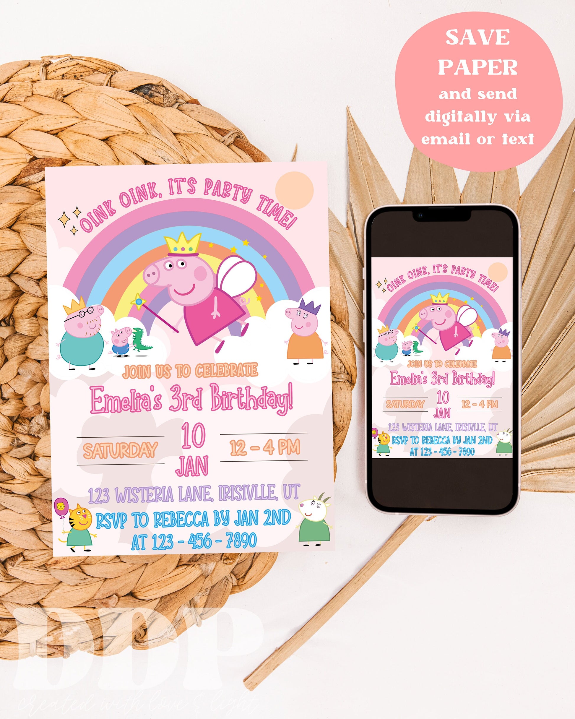 ANY AGE Peppa Pig Birthday Invitation | Girls Kids Birthday Invitation | Rainbow Peppa Birthday Invite