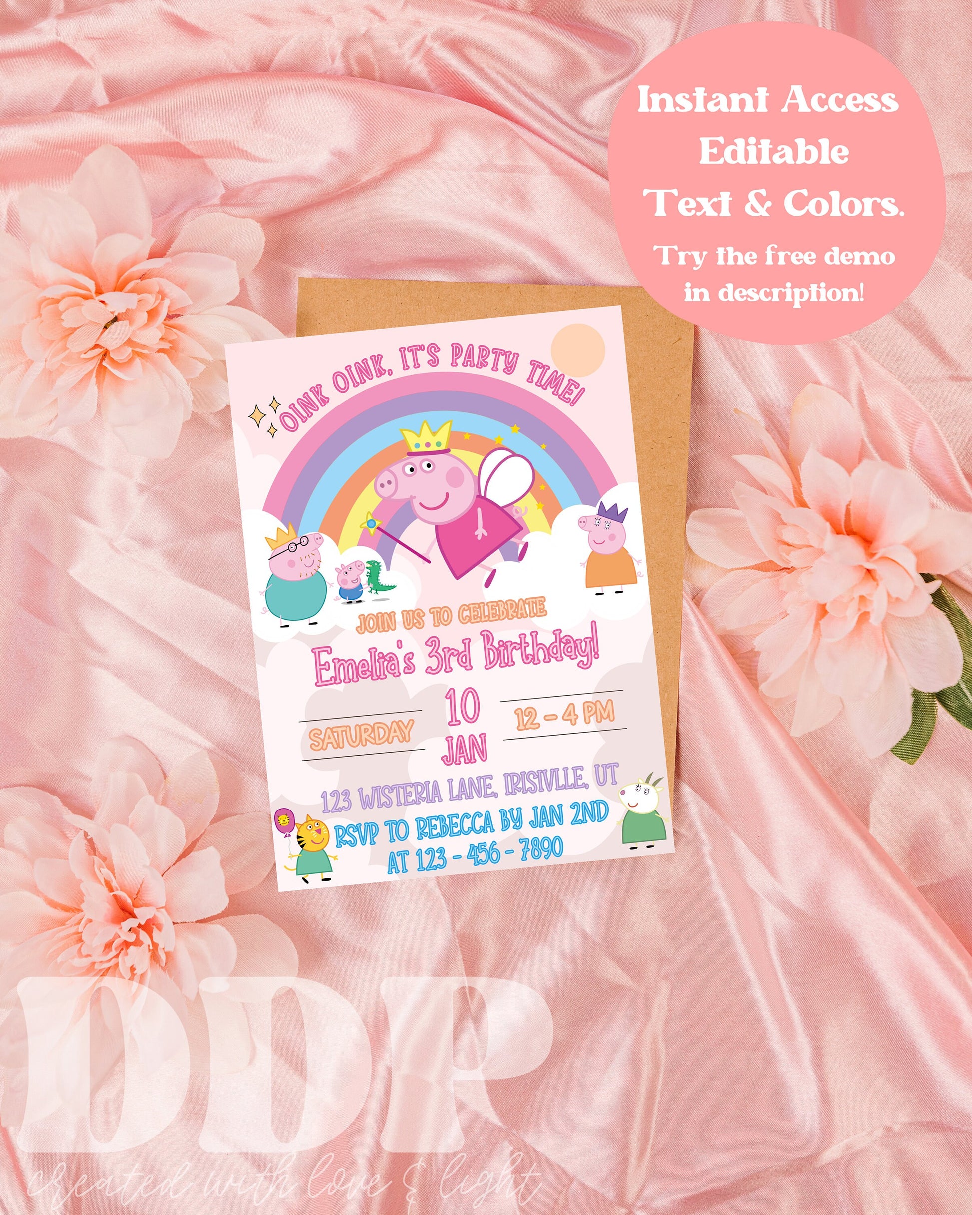 ANY AGE Peppa Pig Birthday Invitation | Girls Kids Birthday Invitation | Rainbow Peppa Birthday Invite