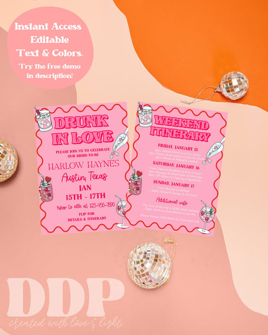 Drunk in Love Bachelorette Party Weekend Invitation & Itinerary | Bachelorette Weekend Getaway Invite | Girls Night Out Invitation Template