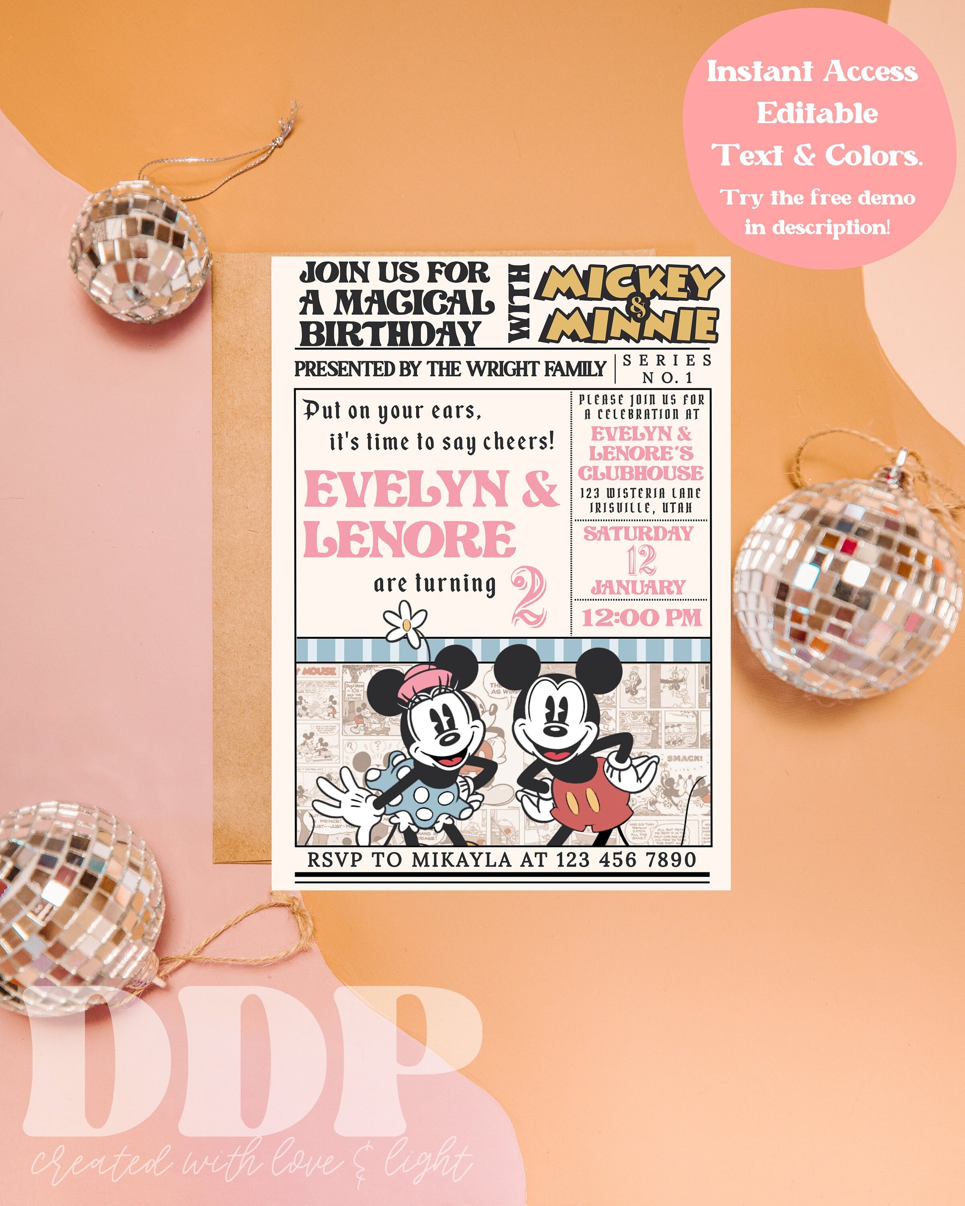 ANY AGE Pastel Mickey & Minnie Twins Birthday Invitation | Classic Disneyland Birthday Invite | Twins Birthday | Vintage Comic Mickey A04