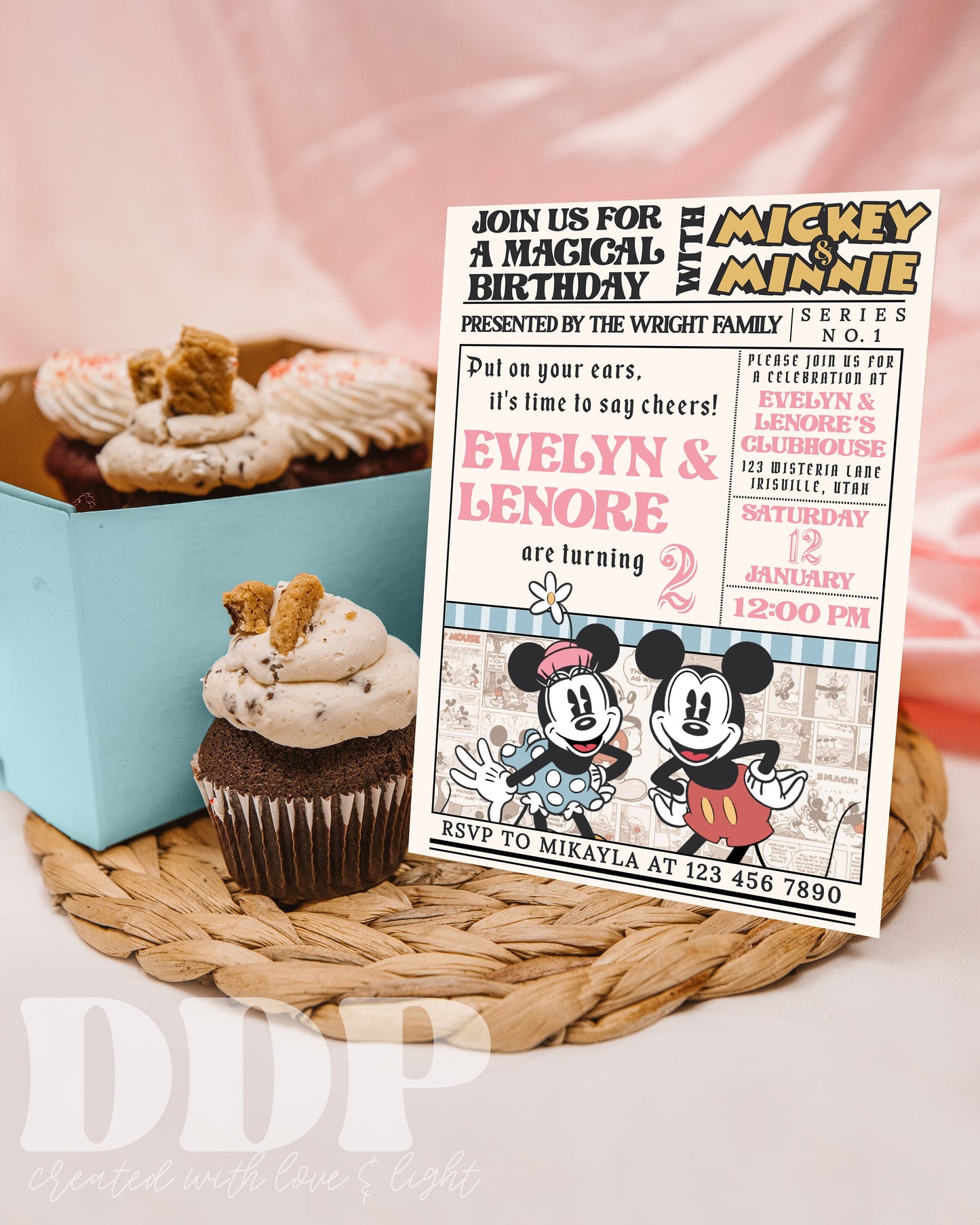 ANY AGE Pastel Mickey & Minnie Twins Birthday Invitation | Classic Disneyland Birthday Invite | Twins Birthday | Vintage Comic Mickey A04