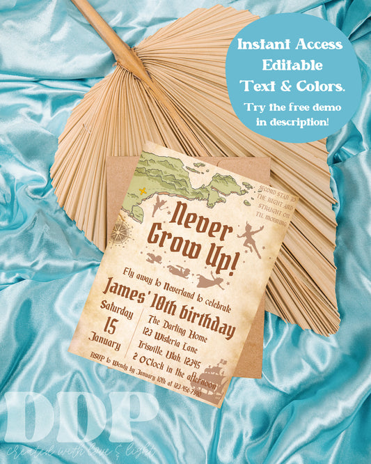 ANY AGE Peter Pan Birthday Invitation | Neverland Birthday Invitation | Never Grow Up Invite | A10