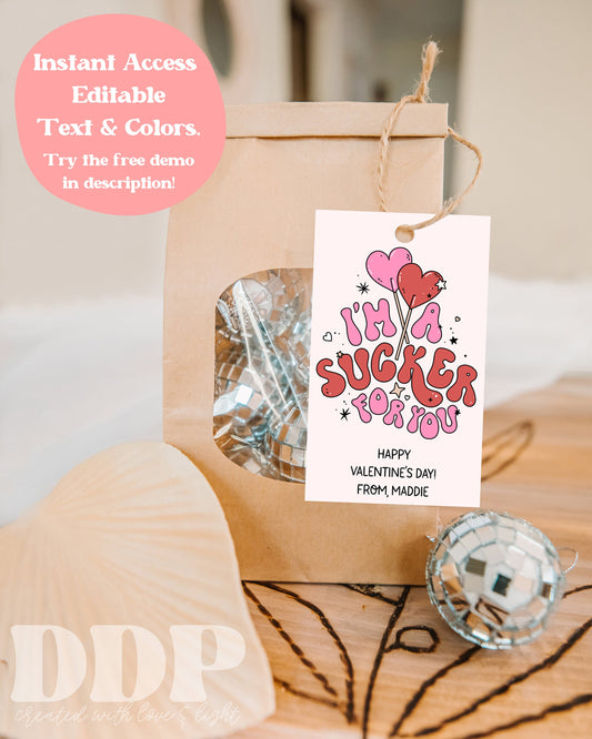 Sucker for You Valentine | Retro Valentine Tag | Valentine Gift Tag Template | Editable Valentine's Day Template | Kids Classroom Valentine