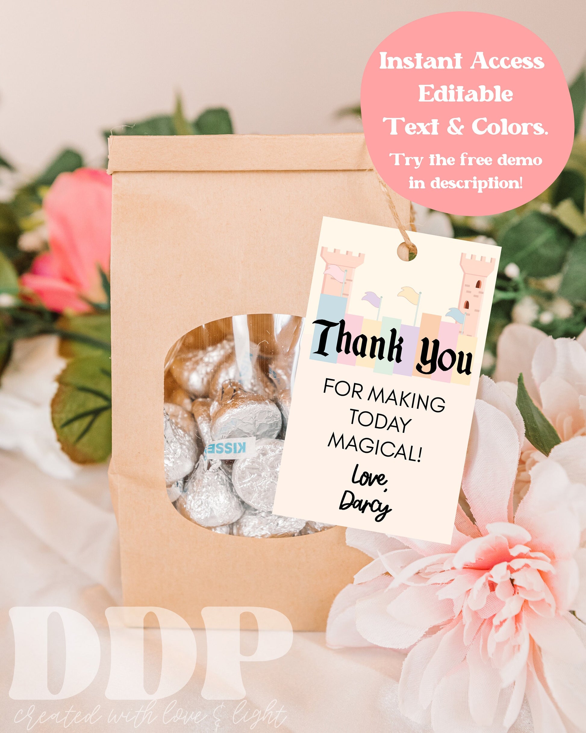 YOUland Vintage Theme Park Favor Tag | Retro Theme Park Thank You Tag | Retro Pink Castle Birthday Favor Tag | Editable Template | A05