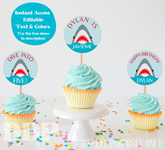 ANY AGE Jawsome Shark Cupcake Toppers | Shark Birthday Cake Topper | Jaws Shark Birthday Party Supplies | Shark Party Decor | A06