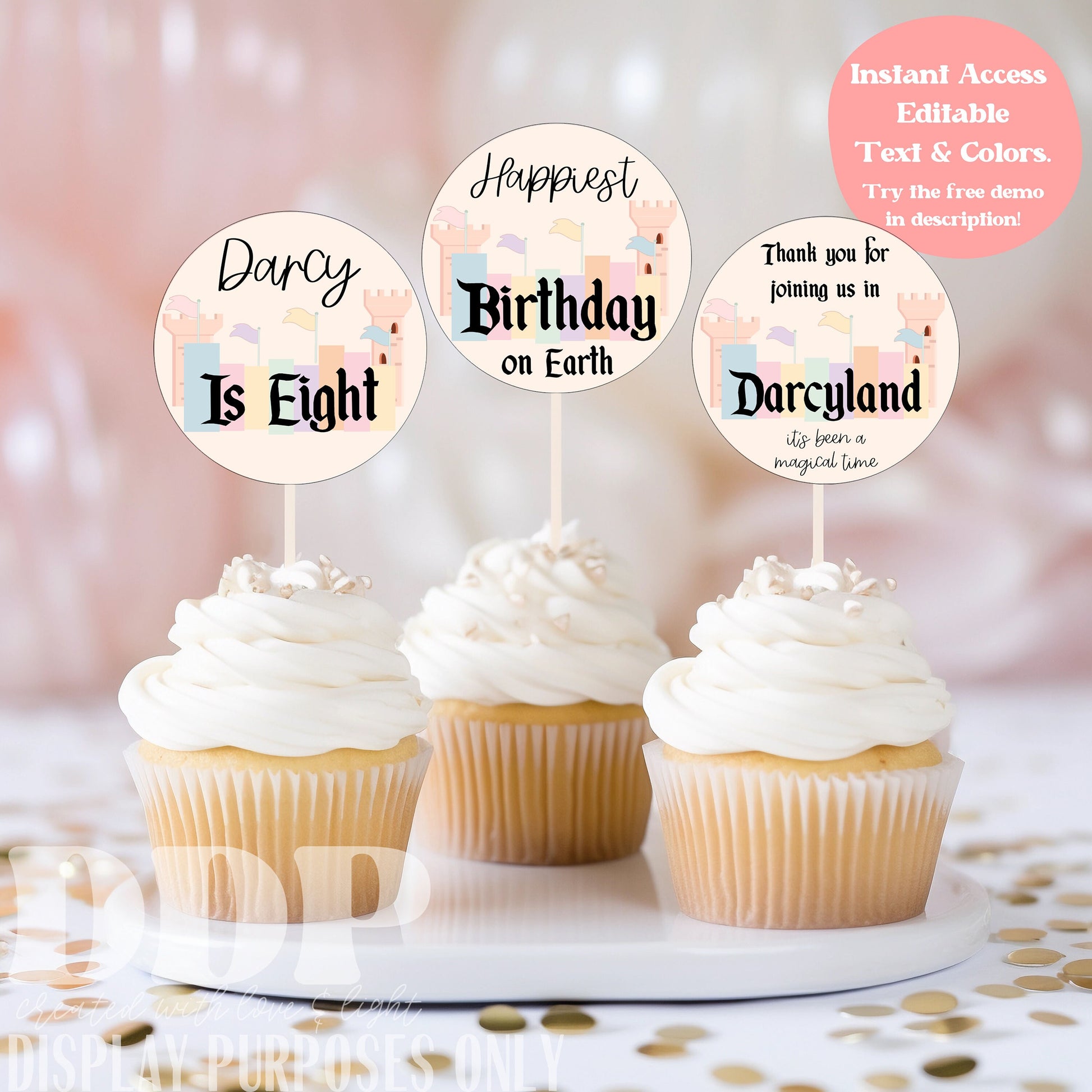 ANY AGE YOUland Vintage Theme Park Cupcake Toppers | Retro Theme Park Cake Topper | Retro Pink Castle Party Supplies | A05