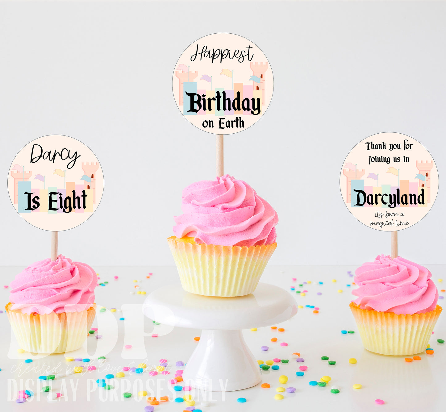 ANY AGE YOUland Vintage Theme Park Cupcake Toppers | Retro Theme Park Cake Topper | Retro Pink Castle Party Supplies | A05