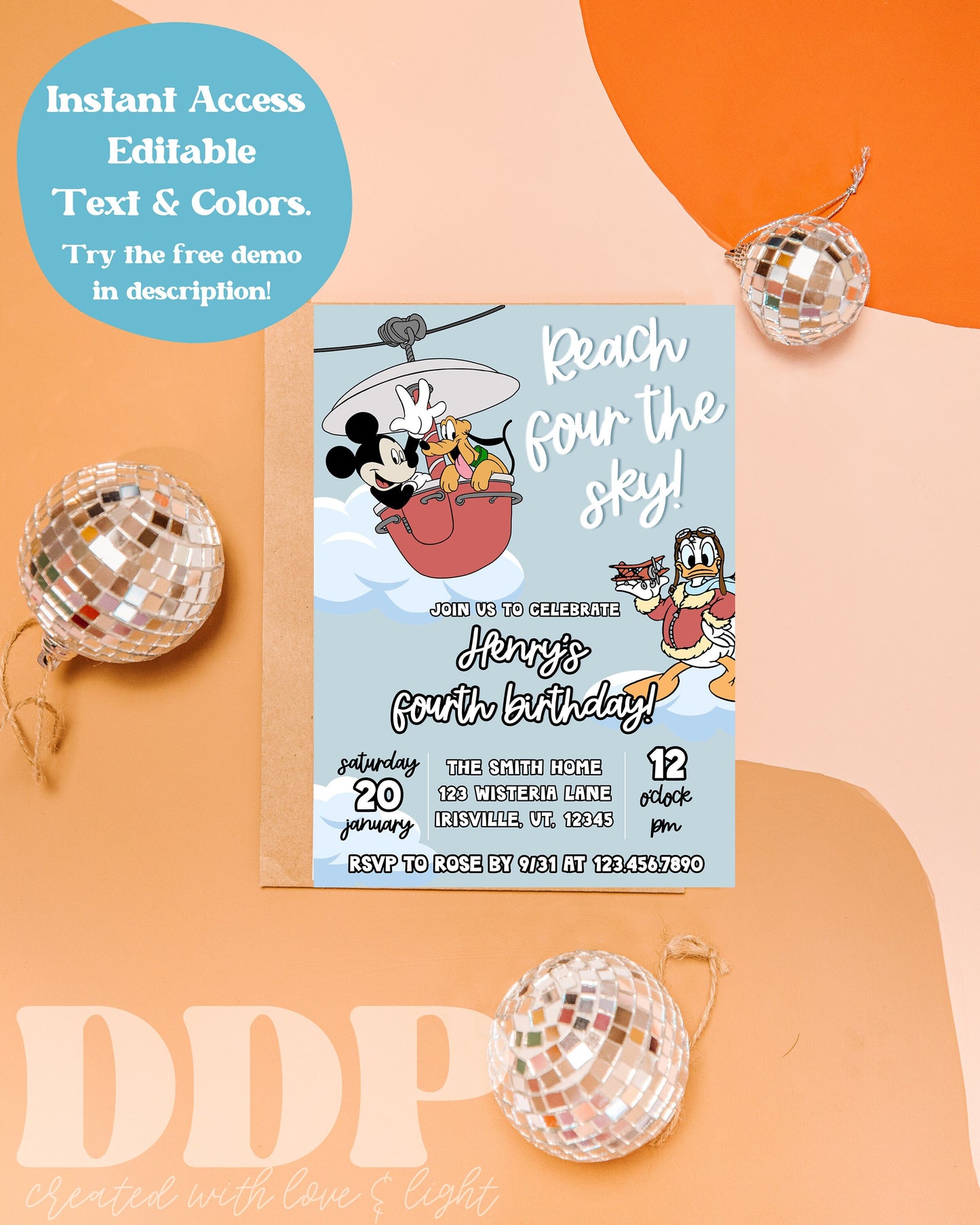 ANY AGE Reach Four The Sky Editable Birthday Invite | Mickey Mouse Birthday Party Invite | Vintage Disneyland Skyliner Birthday Invite