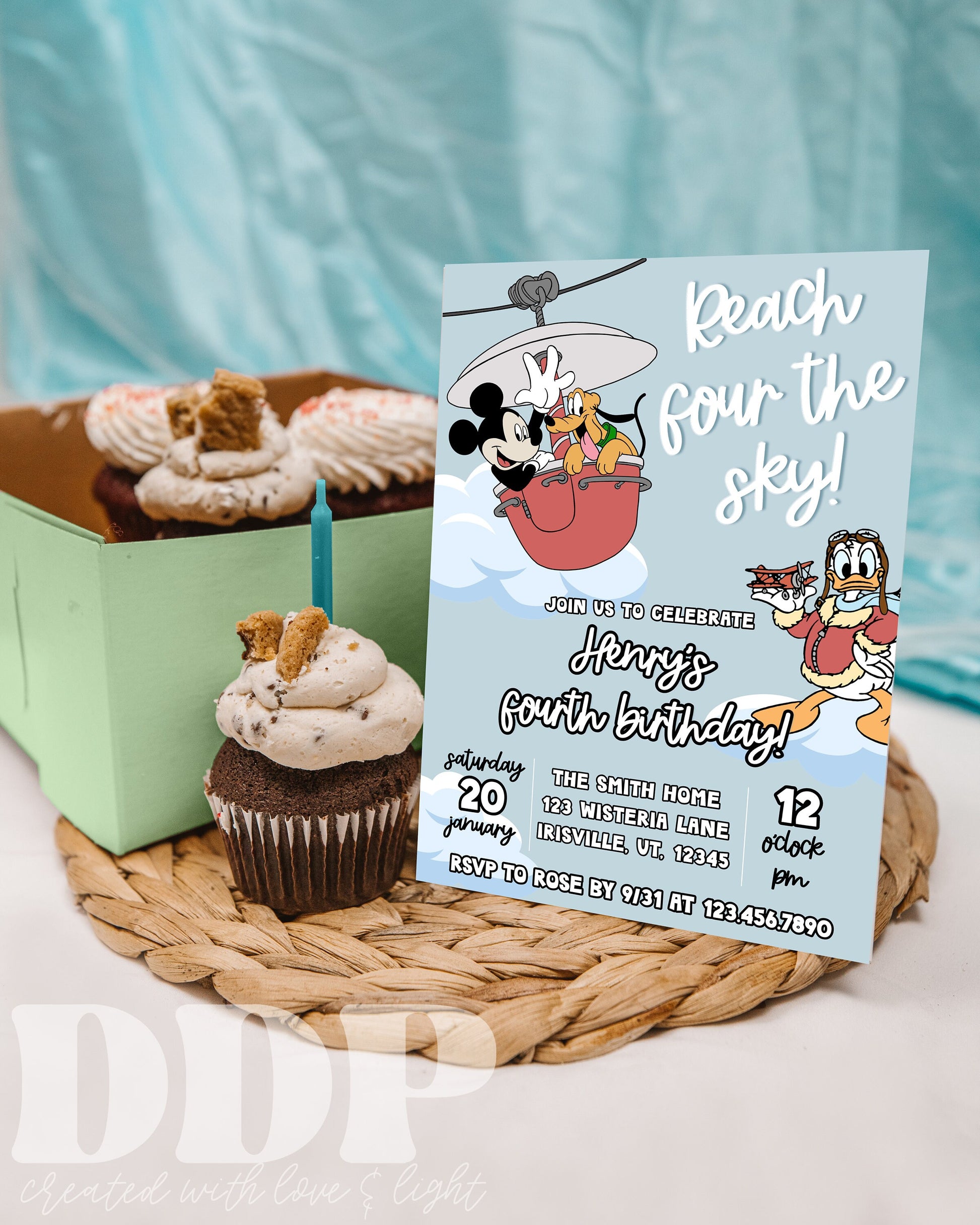 ANY AGE Reach Four The Sky Editable Birthday Invite | Mickey Mouse Birthday Party Invite | Vintage Disneyland Skyliner Birthday Invite