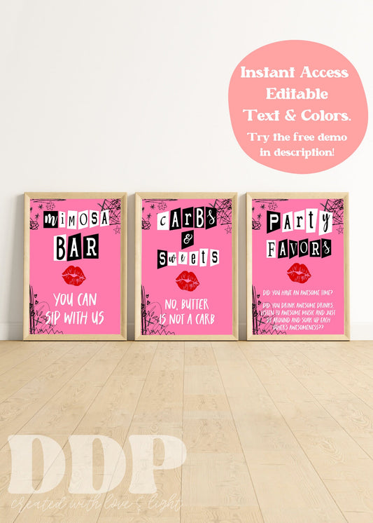 Mean Girls Table Sign Bundle | Mean Girls Party Decor | Mean Girls Burn Book Sign | Mean Girls Food Sign | A11