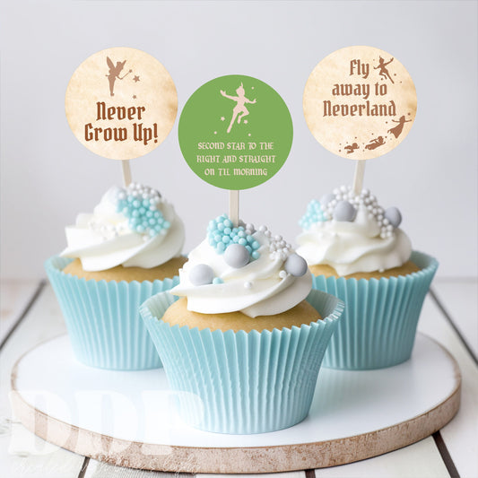 Peter Pan Cupcake Toppers | Neverland Theme Party Supplies | Never Grow Up Party Decor | Tinker Bell Party | Printable Birthday Decor | A10