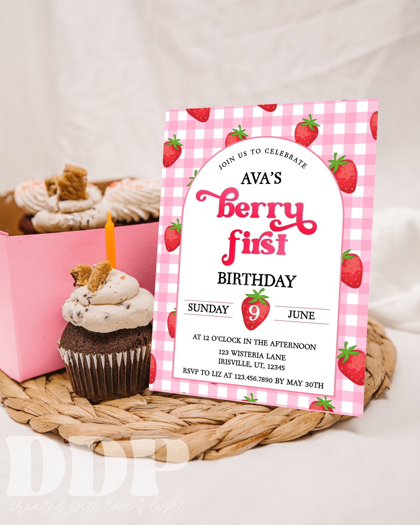 Berry First Birthday Invite | Strawberry Birthday Invitation for Girls | Sweet One 1st B-Day Editable Template