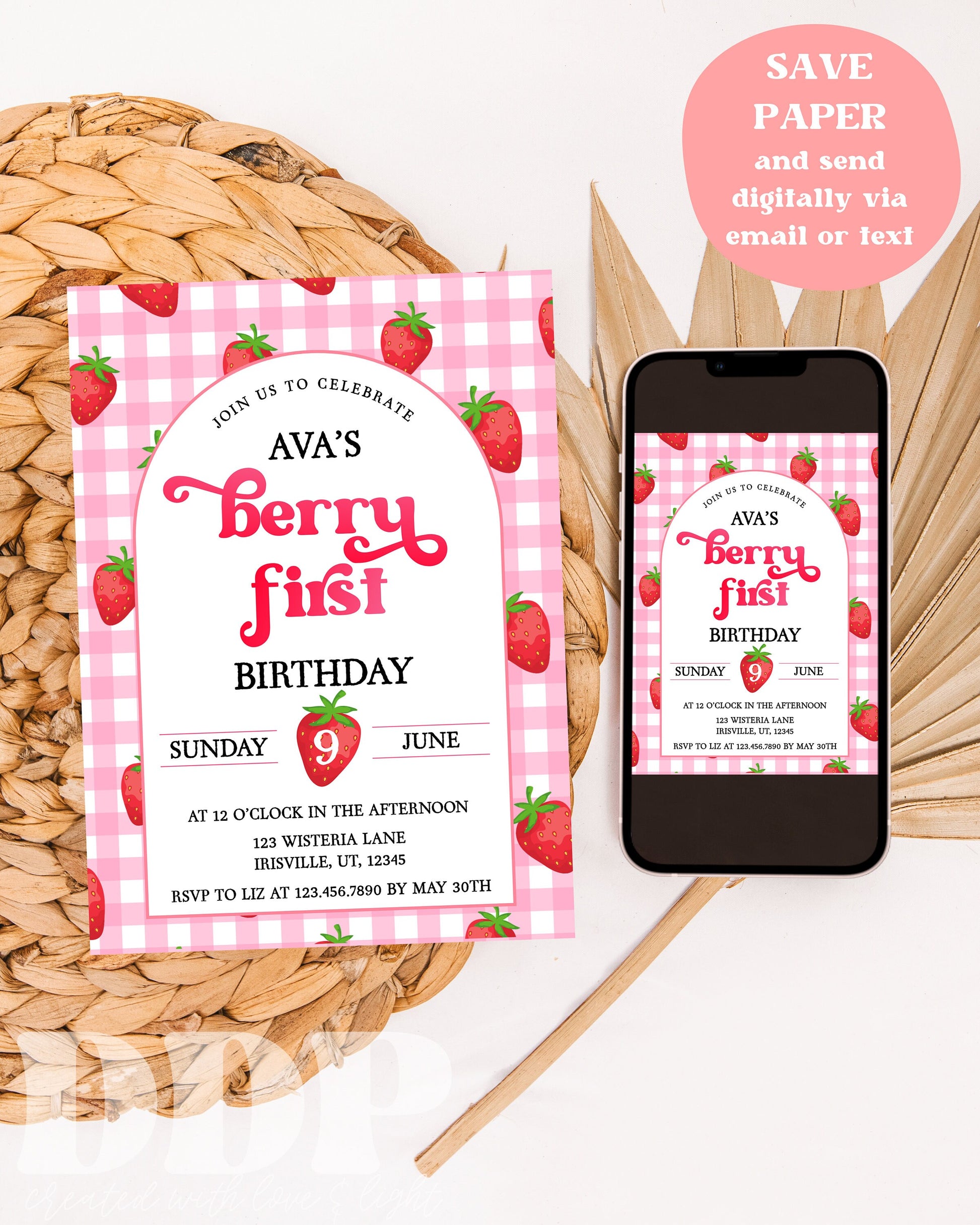 Berry First Birthday Invite | Strawberry Birthday Invitation for Girls | Sweet One 1st B-Day Editable Template